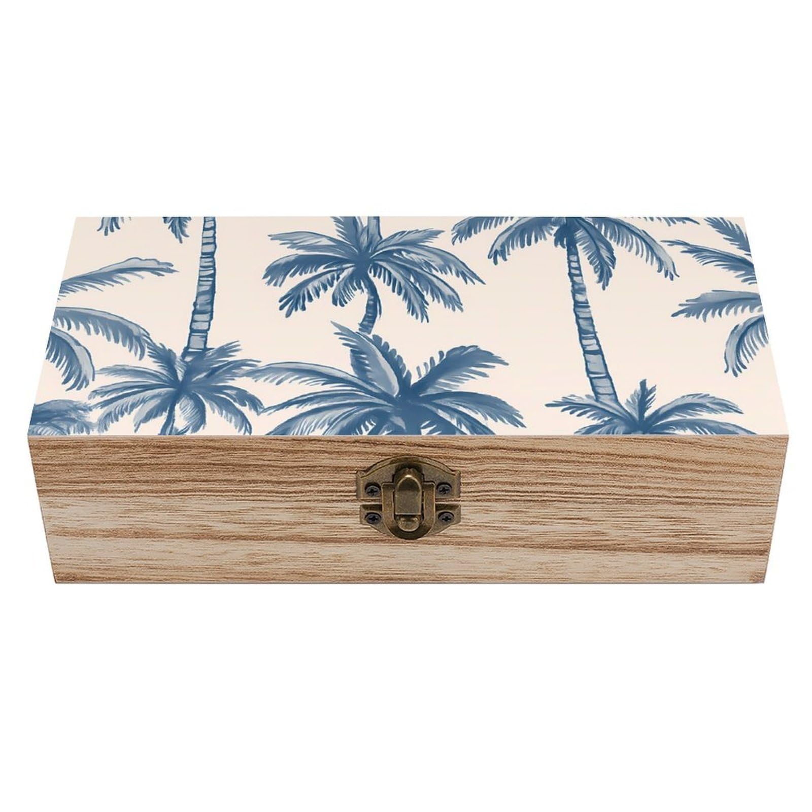 HLBSDM Watercolor Indigo Blue Palm Tree Retro Wooden Storage Box Jewelry Art Gift Boxs Decorative Keepsake Boxes