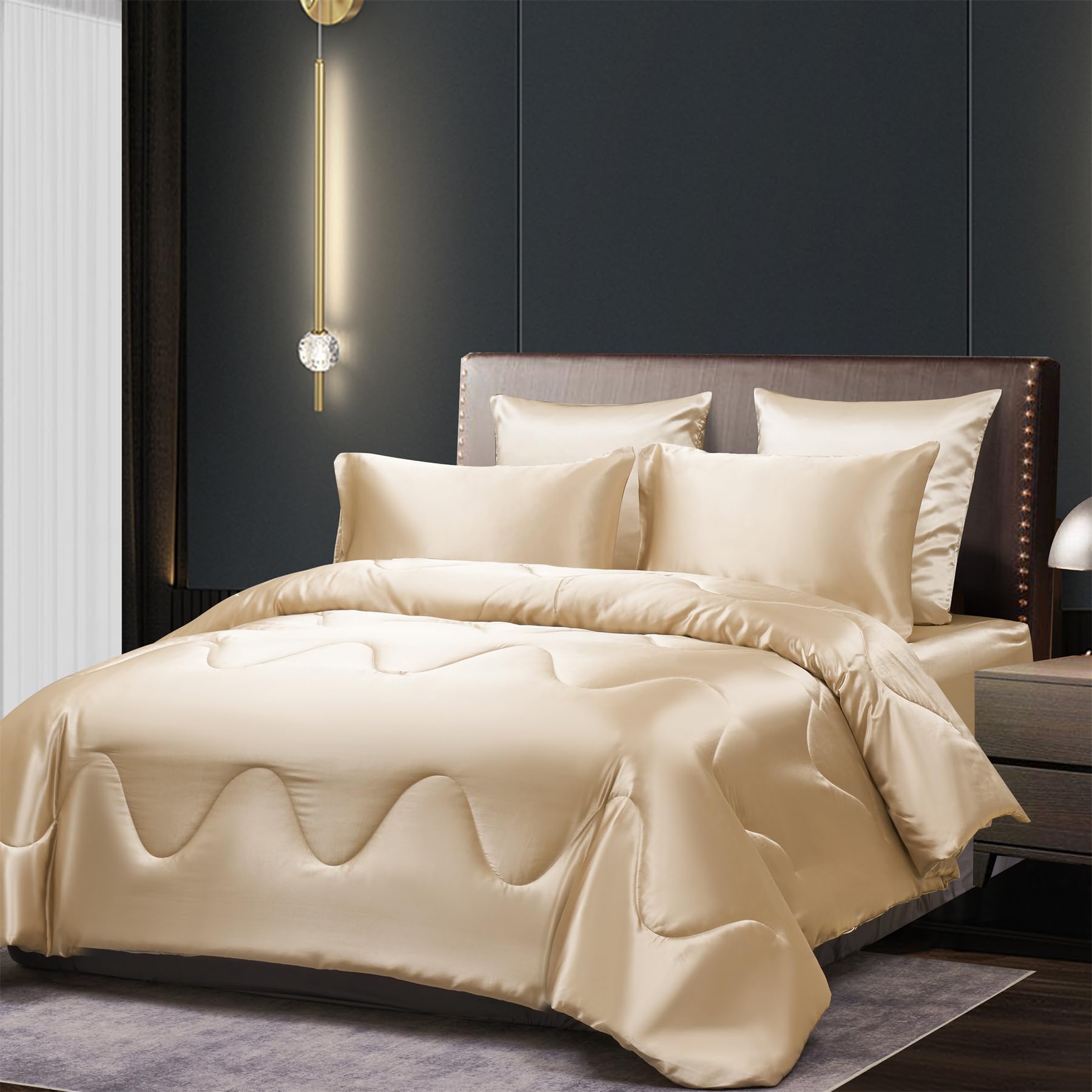 Satin Bettdecke 135x200 Beige Sommerdecke 135x200 200 GSM Seidige Seide Sommerdecke Satin Leicht Weich Glatt Glänzend Deluxe Steppdecke für Sommer mit 80x80 cm Kissenbezug