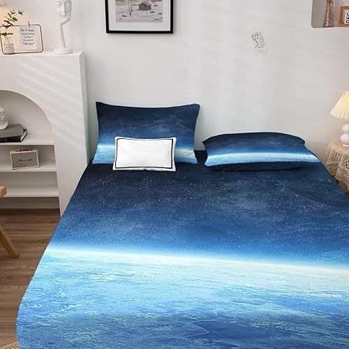 Miniatura 2 de NOGAWA Juego de sábanas de tamaño Queen, diseño de cielo azul, sábanas y fundas de almohada, 4 piezas, sábana bajera ajustable de microfibra suave