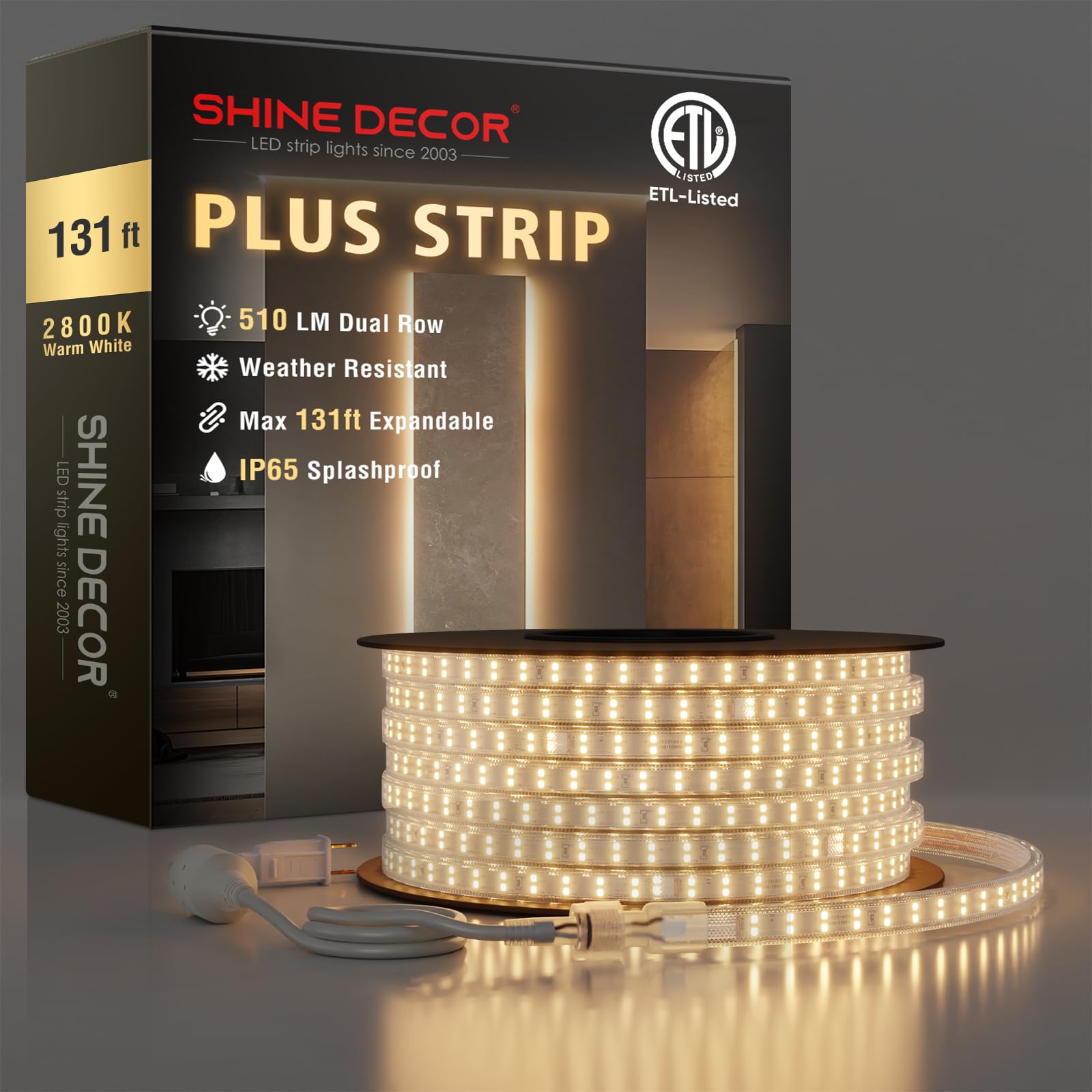 Shine Decor Plus LED Strip Lights AC 120V, Connectable Double Row Bright Rope Light, ETL IP65 Waterproof & Weather-Resistant for Accent Lighting, 7x17mm, 2800K Warm White, 131FT