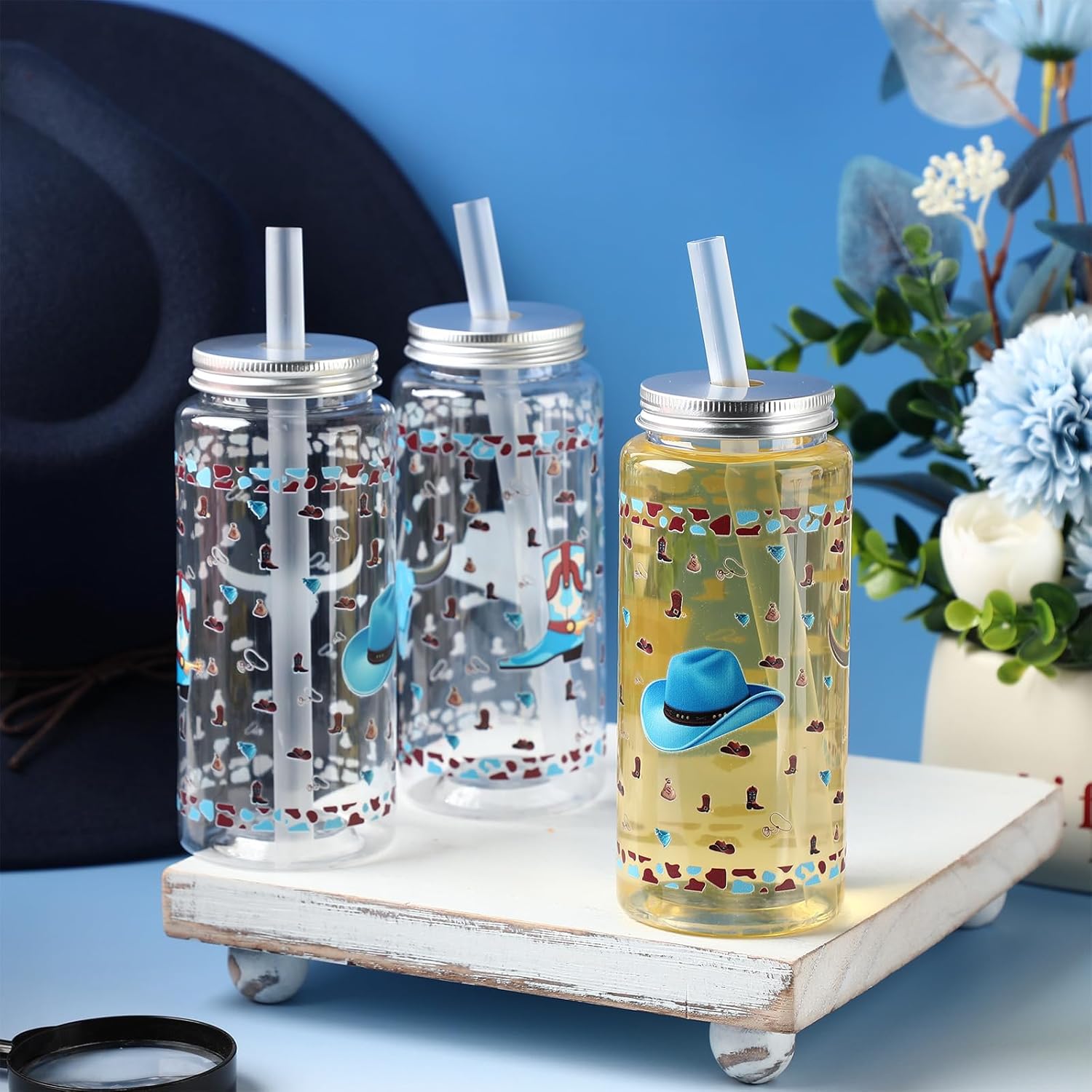 Skylety 12 Pcs Western Cowboy Plastic Cups for Party with Straw and Lid 13. 5 oz Reusable Tumbler Cups Colorful Clear Drink Bottles Containers for Juices Beverage Birthday Party Decorations Supplies - Image 4