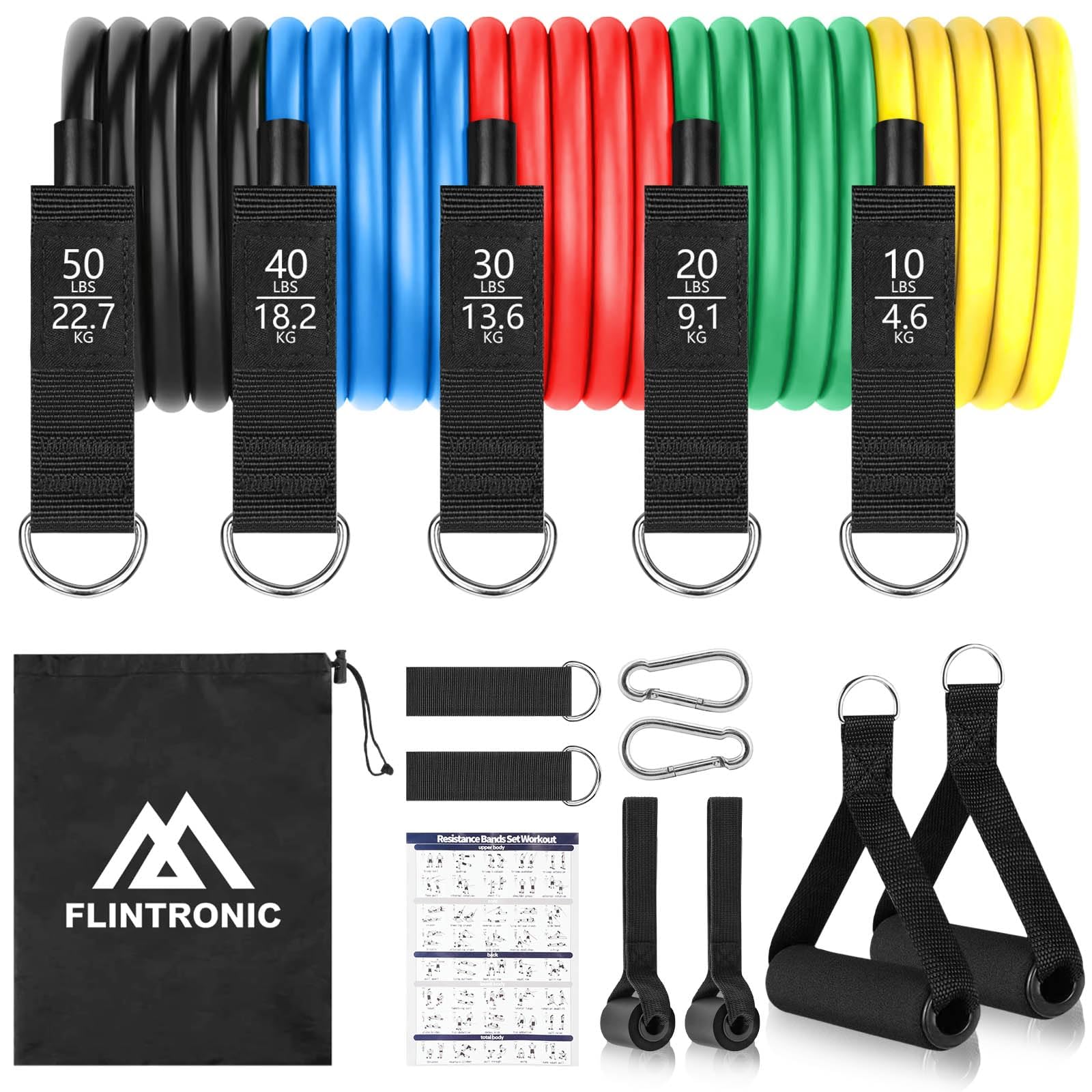 Flintronic Resistance Bands Set, TPE Elastic Bands With 5 Fitness Tubes, 2 Foam Handles, 2 Ankle Straps, 2 Door Anchor, 2 Carabiner, for Strength Training Fitness Pilates Yoga — image 1