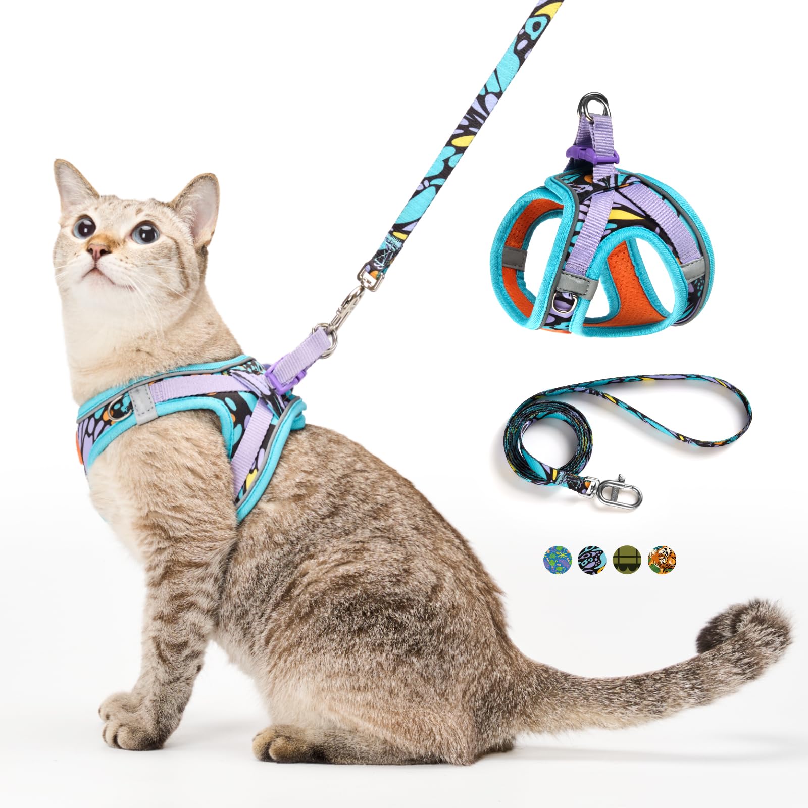 Photo 1 of **different color/pattern**Cat Harness and Leash Set, Step-in Escape Proof Adjustable Vest Harness for Small Medium Large Cats, Lightweight Soft Breathable Reflective Kitten Harness for Walking Travel, Camping(Hawaii Green, S)