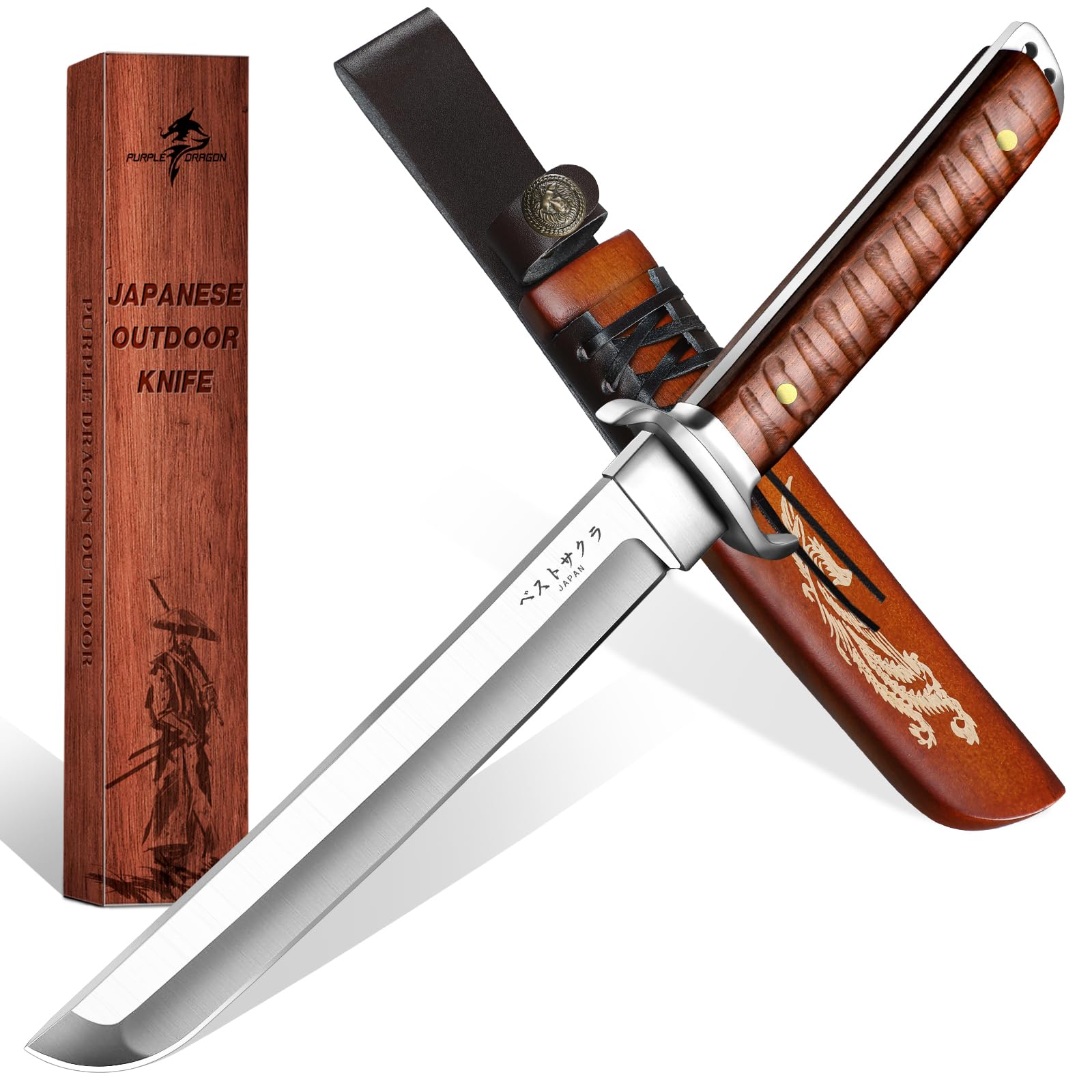 Purple Dragon Outdoor Messer mit Japan 5 mm Dick D2 Stahl Klinge, Tanto Messer mit Dragon-Phoenix Gravierte Holzscheide, Machete Scharf für Camping, Wandern und andere Survivalaktivitäten Geschenk