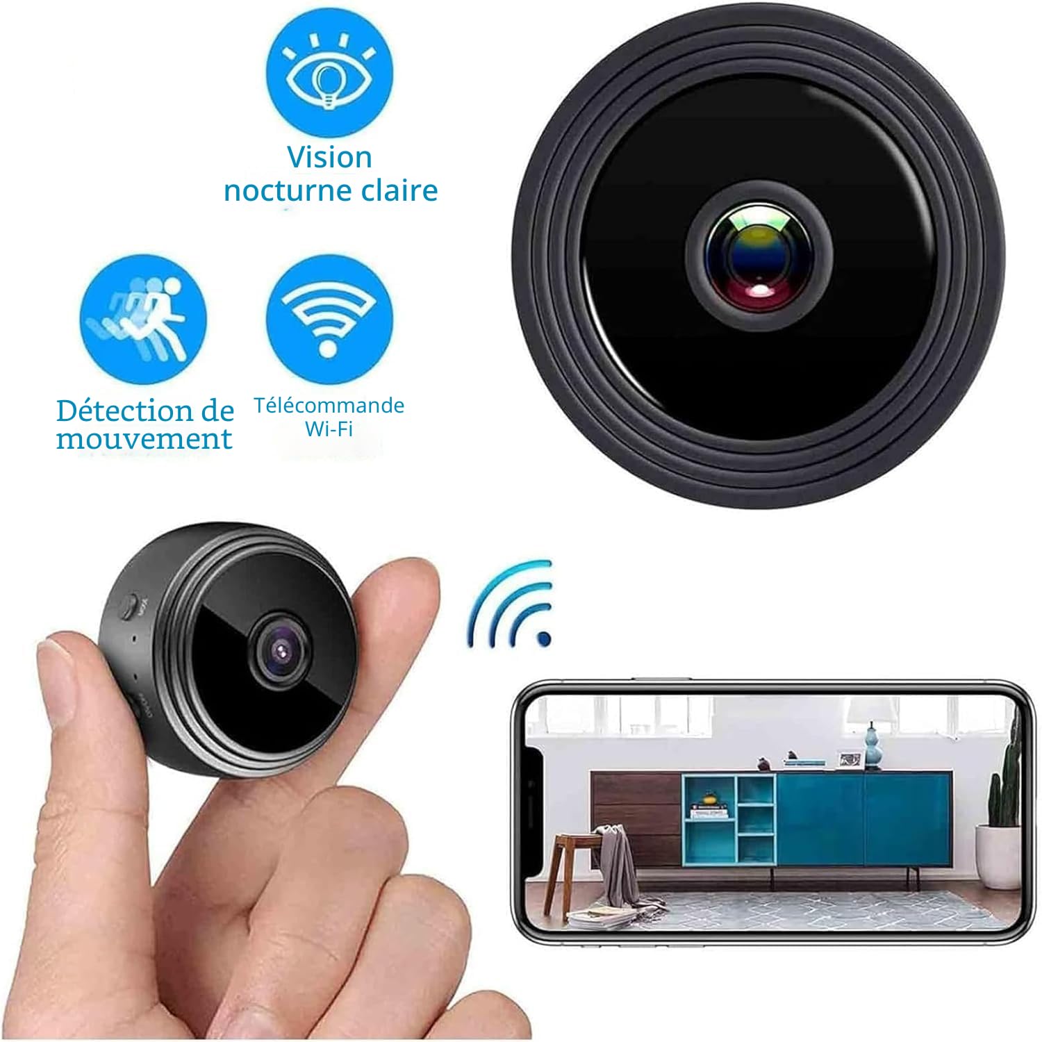 Secretscope Mini caméra de sécurité magnétique, Wi-Fi, caméra extérieure sans fil, avec fonction de vision nocturne pour la maison et le bureau, (noir, 3 pièces)