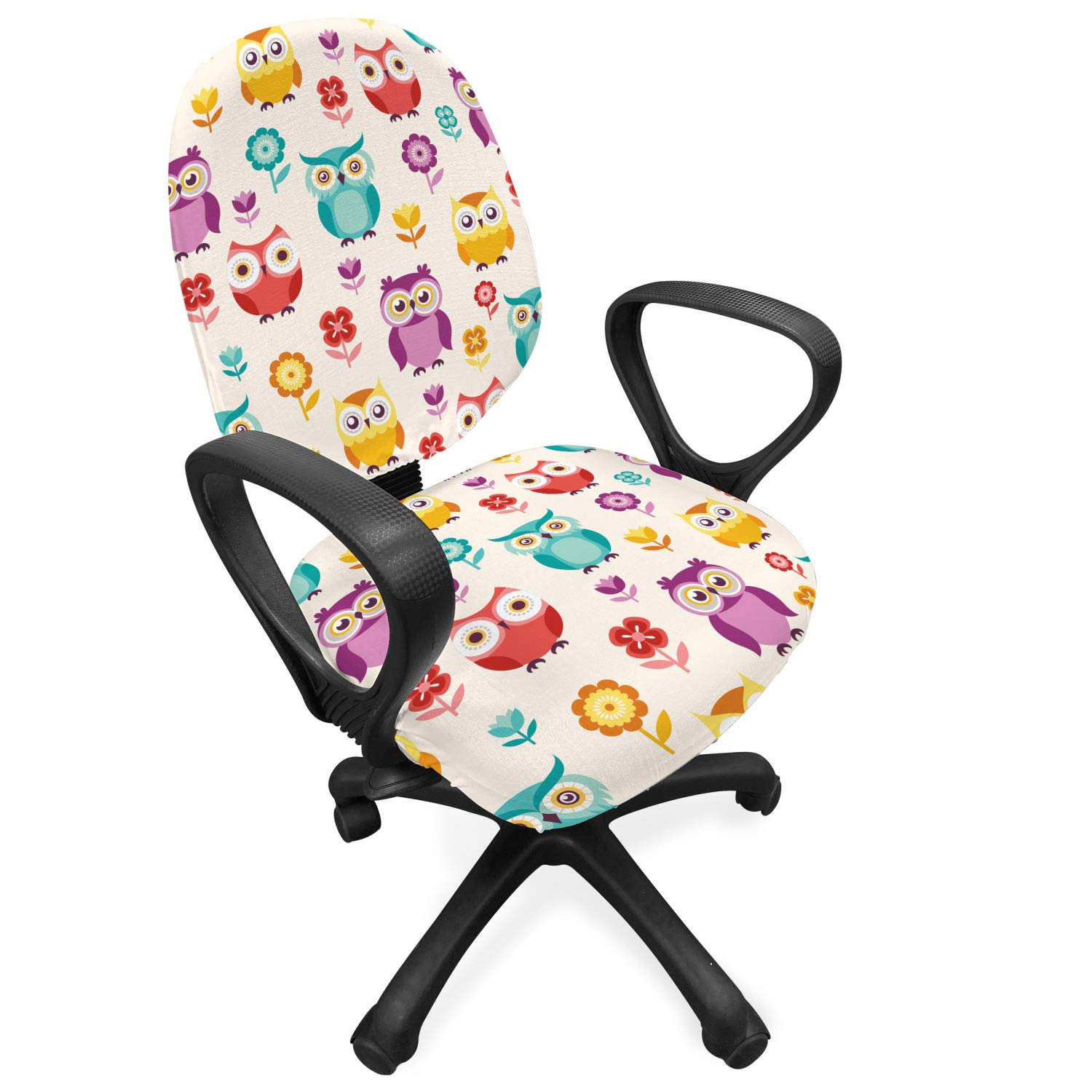 ABAKUHAUS búhos Funda para Silla de Oficina, Flores nostálgicas de los niños, Protectora con Estampa Digital Decorativa Tejido Elastizado, Multicolor