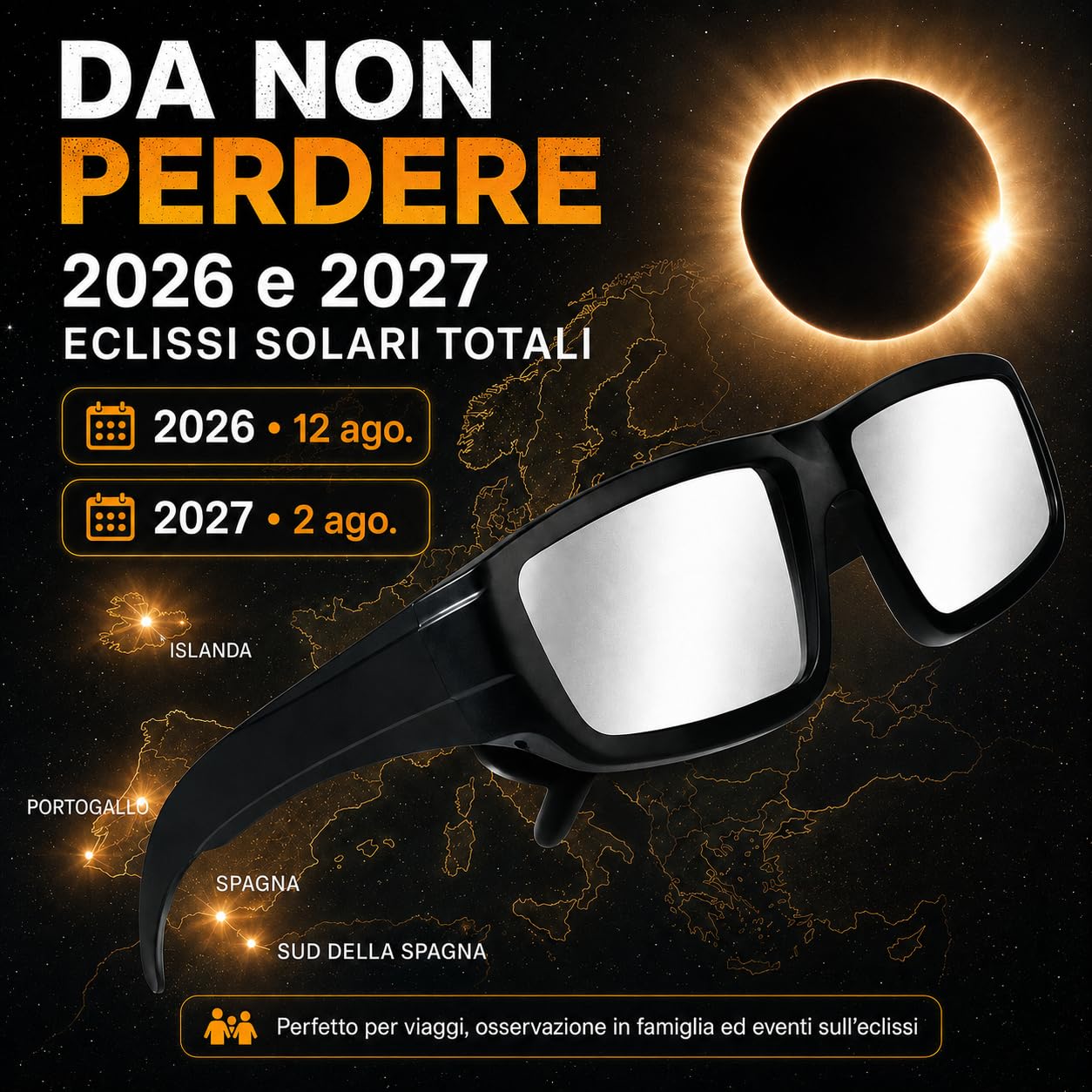 3/6 Occhiali eclissi solare,AAS 2026 approvati, certificati EN ISO 12312-2:2015(E) e CE,Occhiali robusti in plastica per osservare direttamente il sole