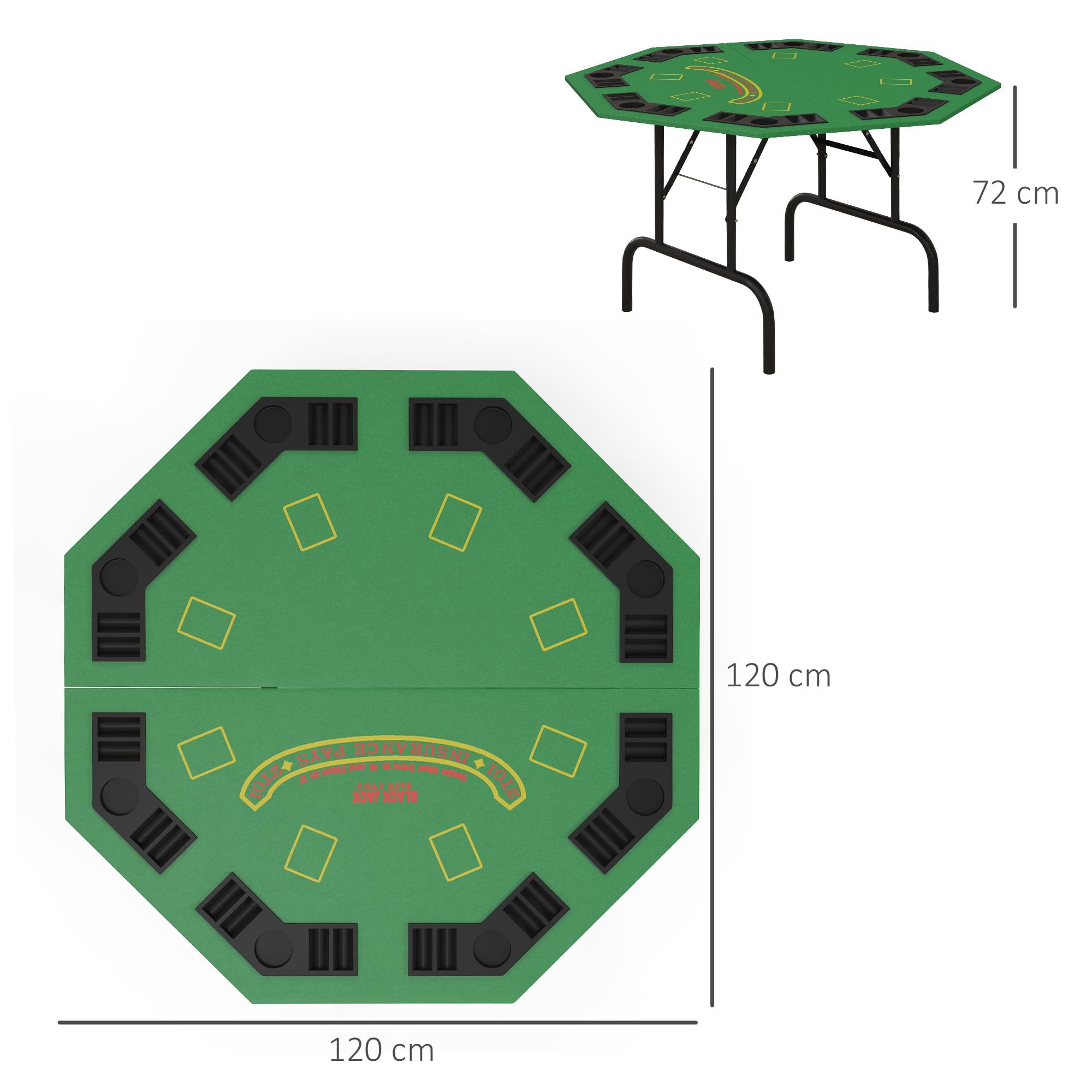 SPORTNOW Mesa de Poker plegable para 8 jugadores, mesa de juego con portavasos y bandeja de fichas, 120 x 120 x 72 cm, verde