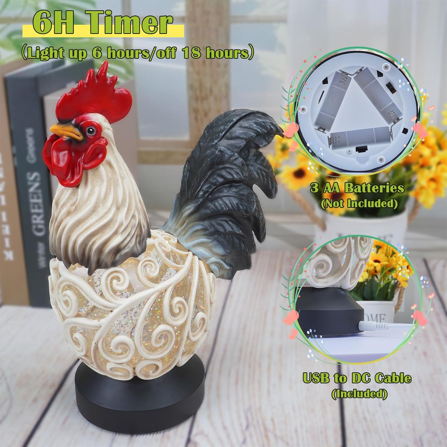 Spring Rooster Snow Globe Decor with 6H Timer, Swirling Glitter Snow Globes Spring Figurine Decorations, USB/Battery Operated, for Spring Holiday Home Decor and Gift (Rooster) - Image 3