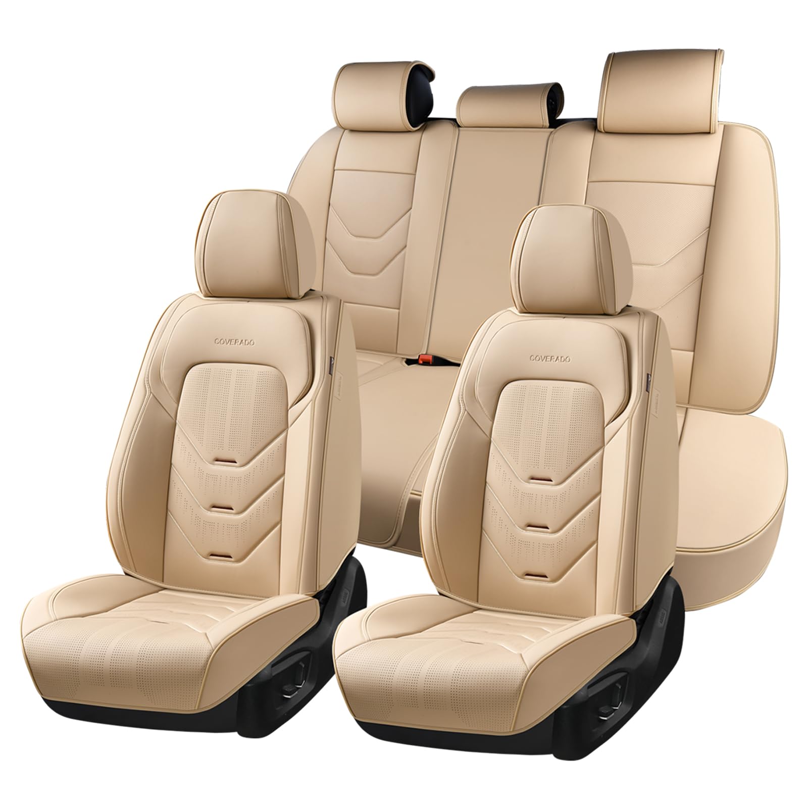Coverado Car Seat Cover Full Set, Front and Rear Seat Cover for Car, Leather Car Seat Protector, Beige Universal Seat Covers, Waterproof Car Seat Cushion, Automotive Seat Covers Fit for Most Vehicles