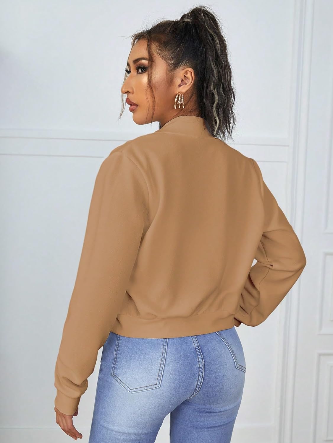 SweatyRocks Women's Casual Long Sleeve Solid Zip Up Coat Crop Bomber Jacket - Image 2