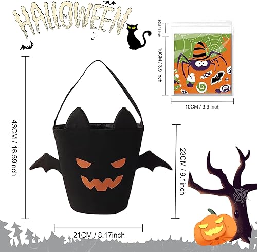 Miniatura 2 de Koicarelife 2 bolsas de dulce o truco con 100 bolsas de dulces de celofán de Halloween, cubo de Halloween y calabaza reutilizables de lona para