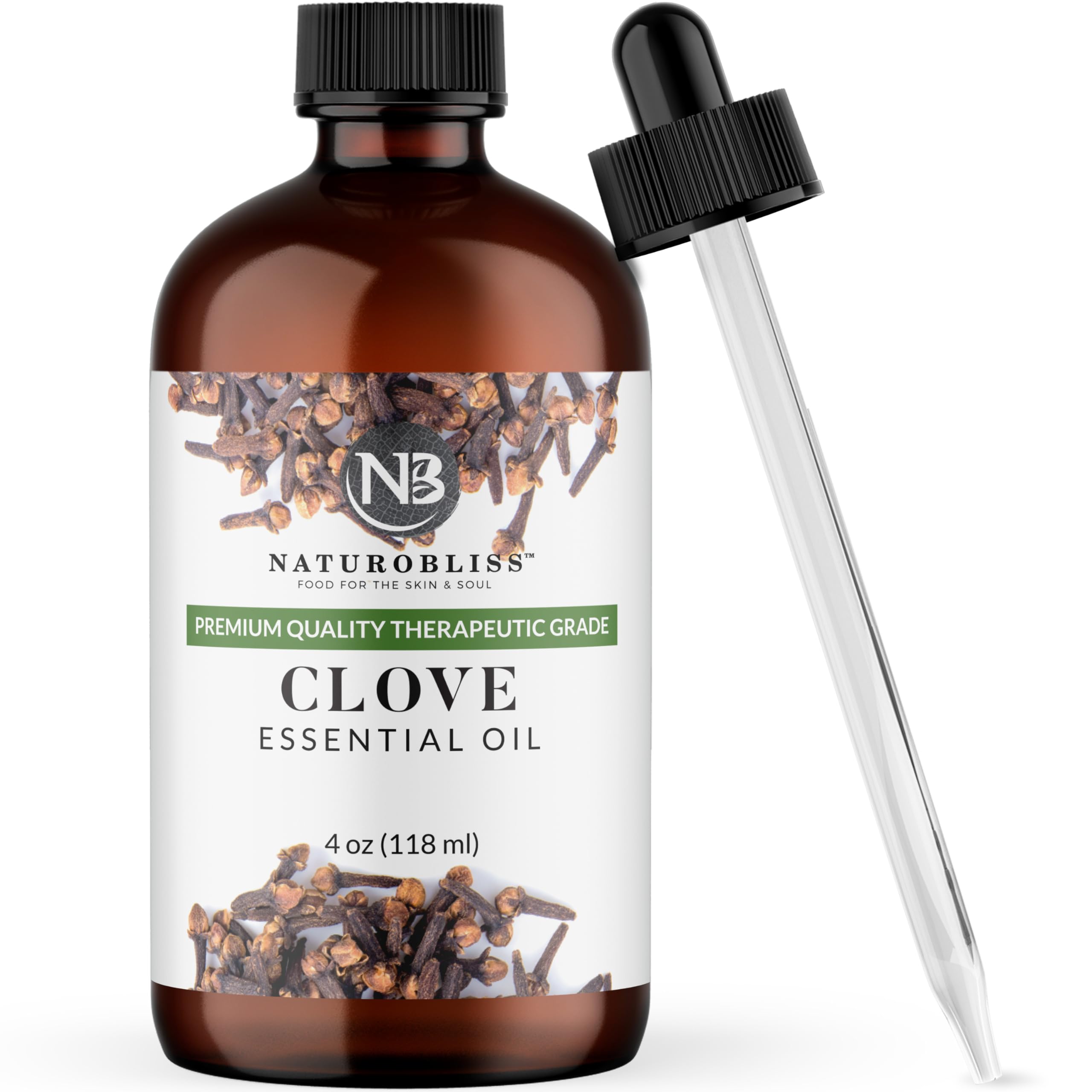 NaturoBliss Clove Essential Oil 4 oz – 100% Pure Clove Bud Oil for Aromatherapy, Diffuser &amp; Humidifier Use, Warm Spicy Scent for Home Fragrance, Large Amber Glass Bottle