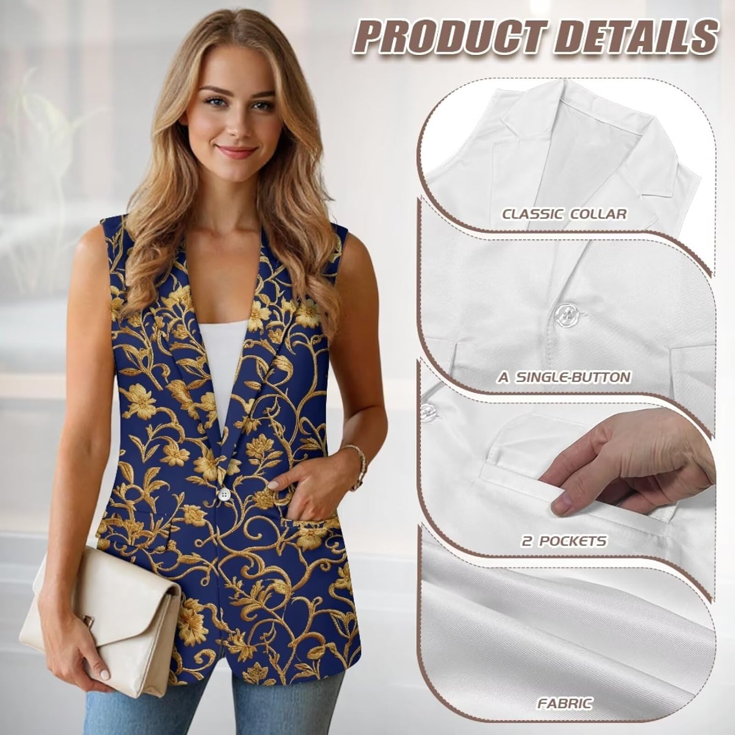 JoyLamoria Womens V Neck Blazer Vest Summer Sleeveless Waistcoat Work Casual Suit Tops