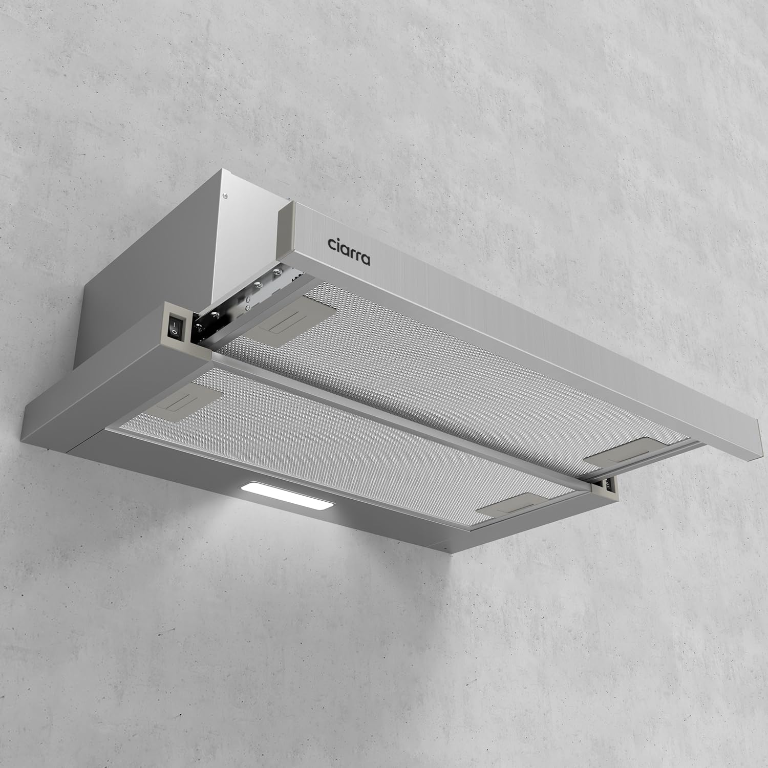 CIARRA A++ Flachschirmhaube Dunstabzugshaube 60 cm Umluft 370 m³/h mit CBCF002X2 Aktivkohlefilter Integrierte Einbau Flach Abluft Abzugshaube 2 Stufen Silber