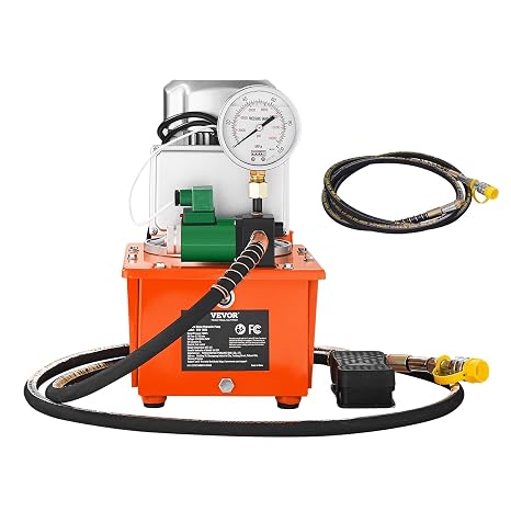 VEVOR 10000 PSI 750W 110V, 488 in3/8L Capacity, Single Acting Solenoid Valve, Electric Driven Hydraulic Pump Power Pack Unit with Pedal Switch for Punching/Bending/Jack Machine, Orange