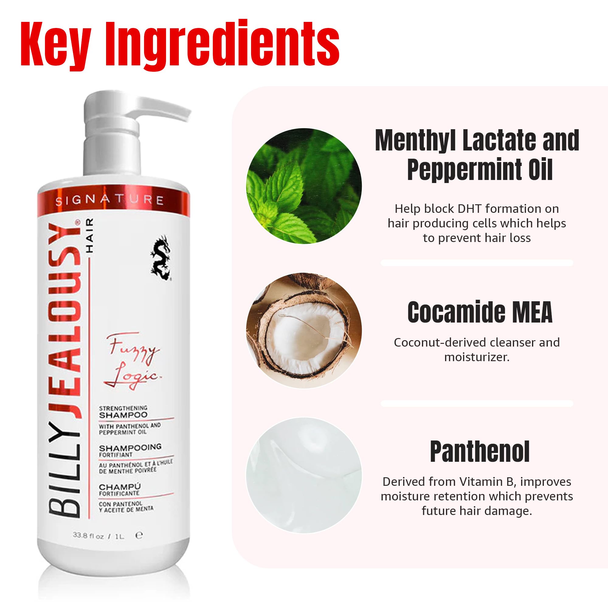 Billy Jealousy Fuzzy Logic Strengthening Mens Shampoo, Adds Volume, Prevents Hair Loss, Promotes Circulation & Healthy Growth, Peppermint Scent
