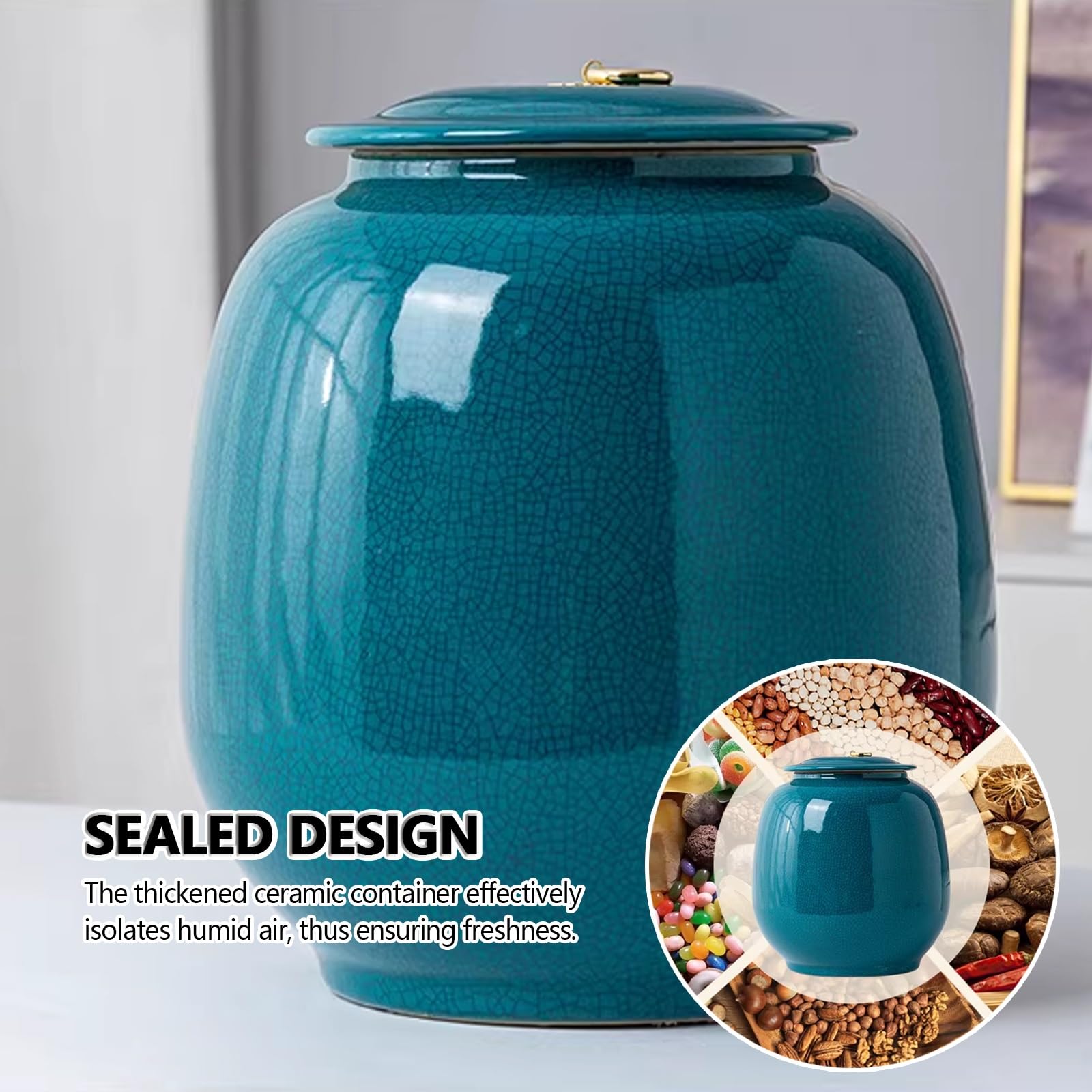 Contenitore ermetico in ceramica per riso, con coperchio, Dispenser per cereali e riso, Barattolo per alimenti di grande capacità, Contenitore per la cucina, Ideale per farina, zucchero.(10KG)
