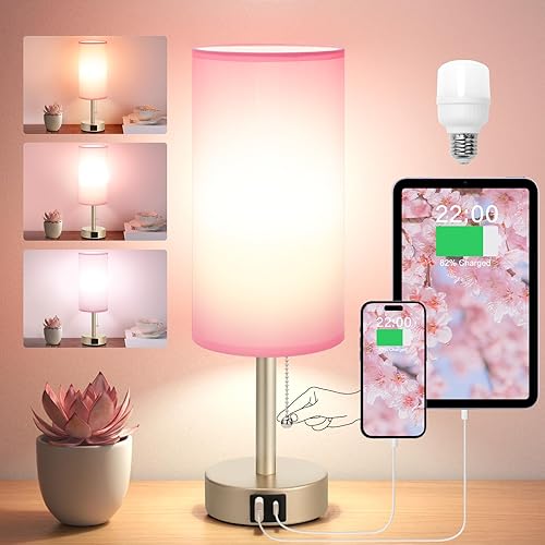 Miniatura 10 de Hong-in Lámpara de mesita de noche con 3 modos de color, lámpara rosa para dormitorio con puertos de carga USB-C USB-A, lámparas de noche de