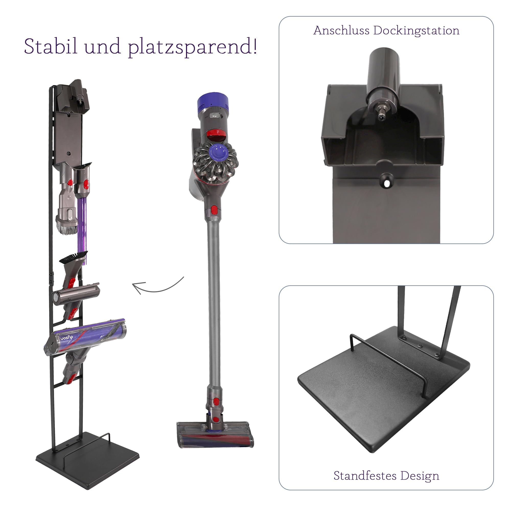 Universal Staubsauger Halterung für Akkusauger, Handstaubsauger, Bodenständer, Zubehörhalter, Standfuß, Staubsauger Ständer nimmt viel Zubehör und die Ladestation auf, kein Bohren, schwarz
