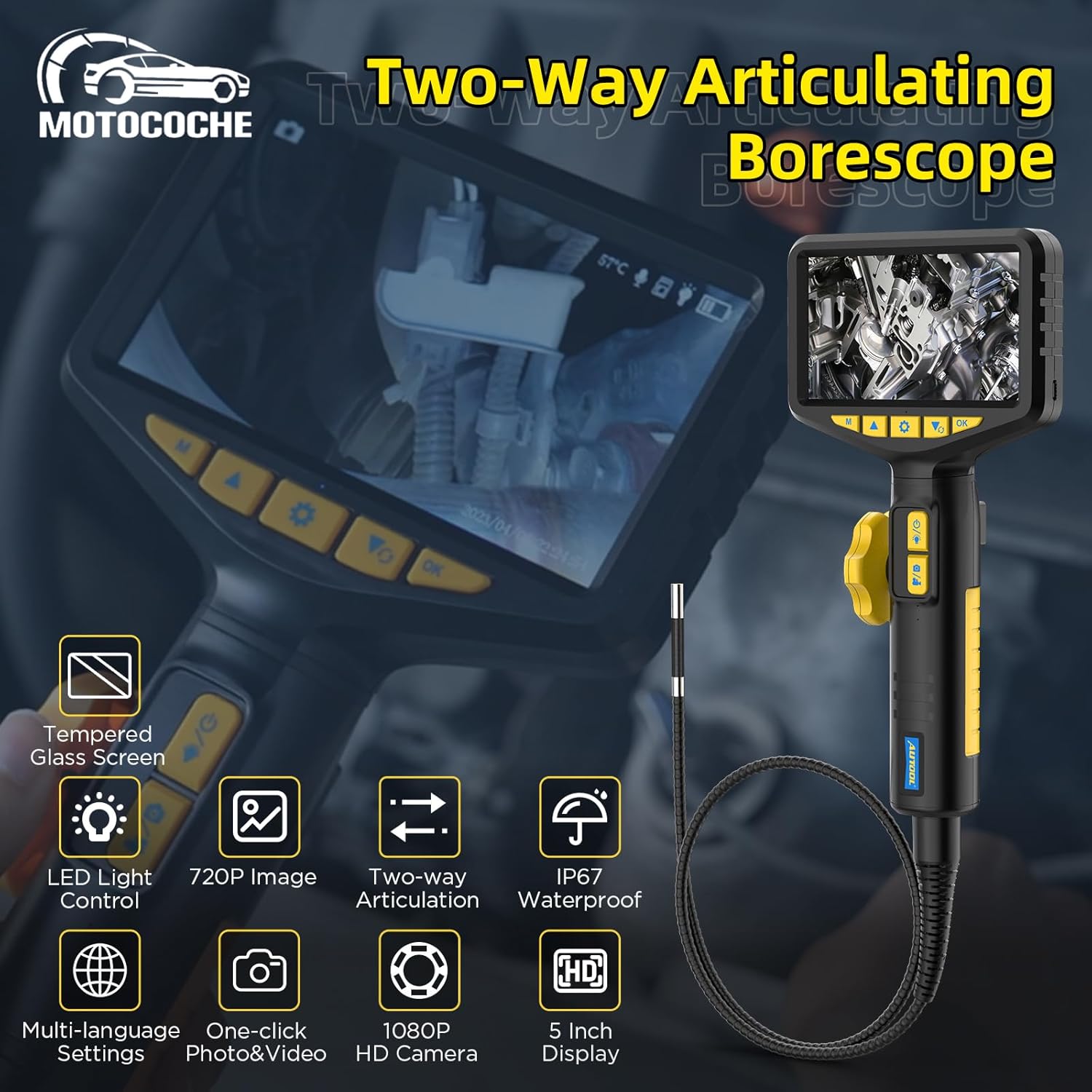 MOTOCOCHE Articulating Borescope with 5-inch LCD Display and IP67 Waterproof Camera