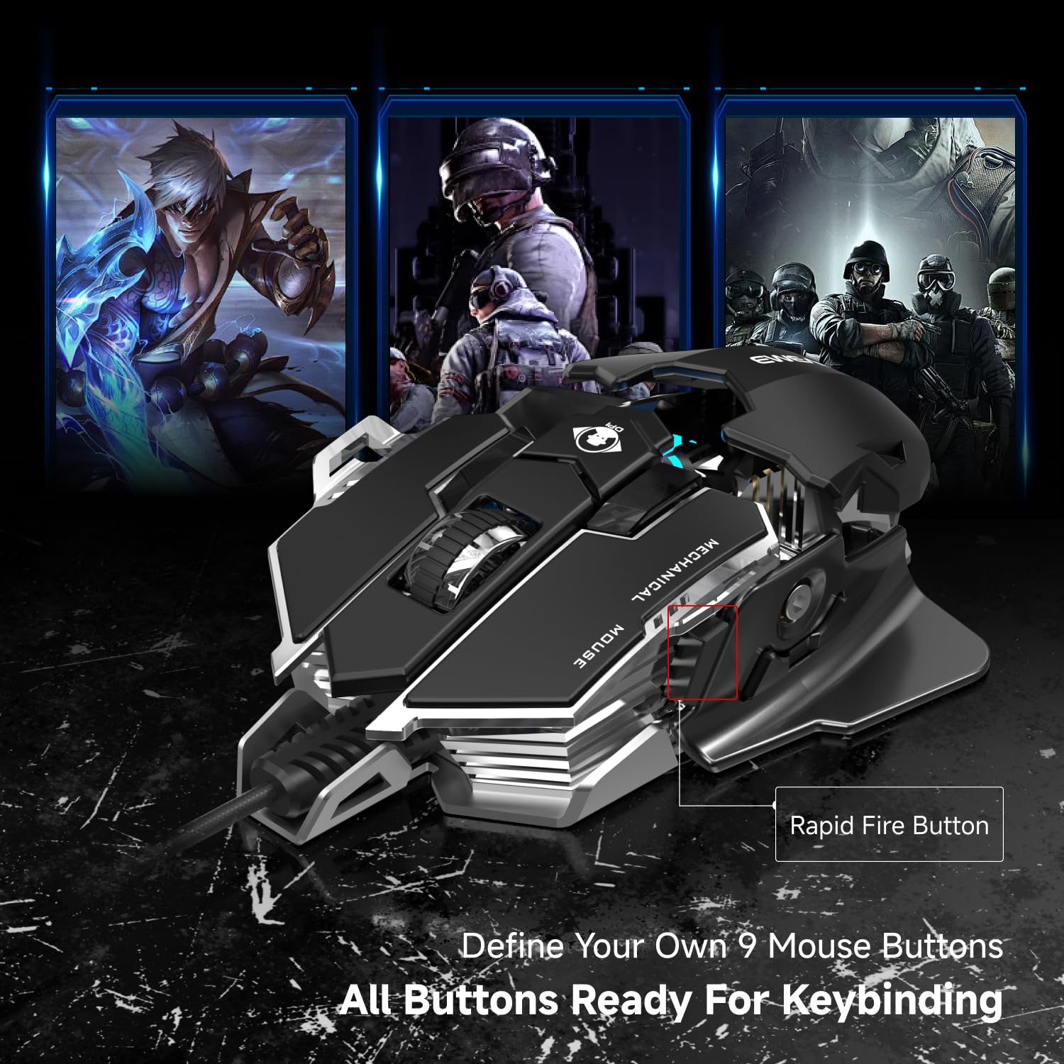 SEUNKWANG EWEADN G5 Souris de jeu filaire ergonomique, RVB, 12800 DPI réglable, 9 boutons macro programmables avec touche Rapid Fire, compatible avec PC/ordinateur portable/Windows - Noir et blanc