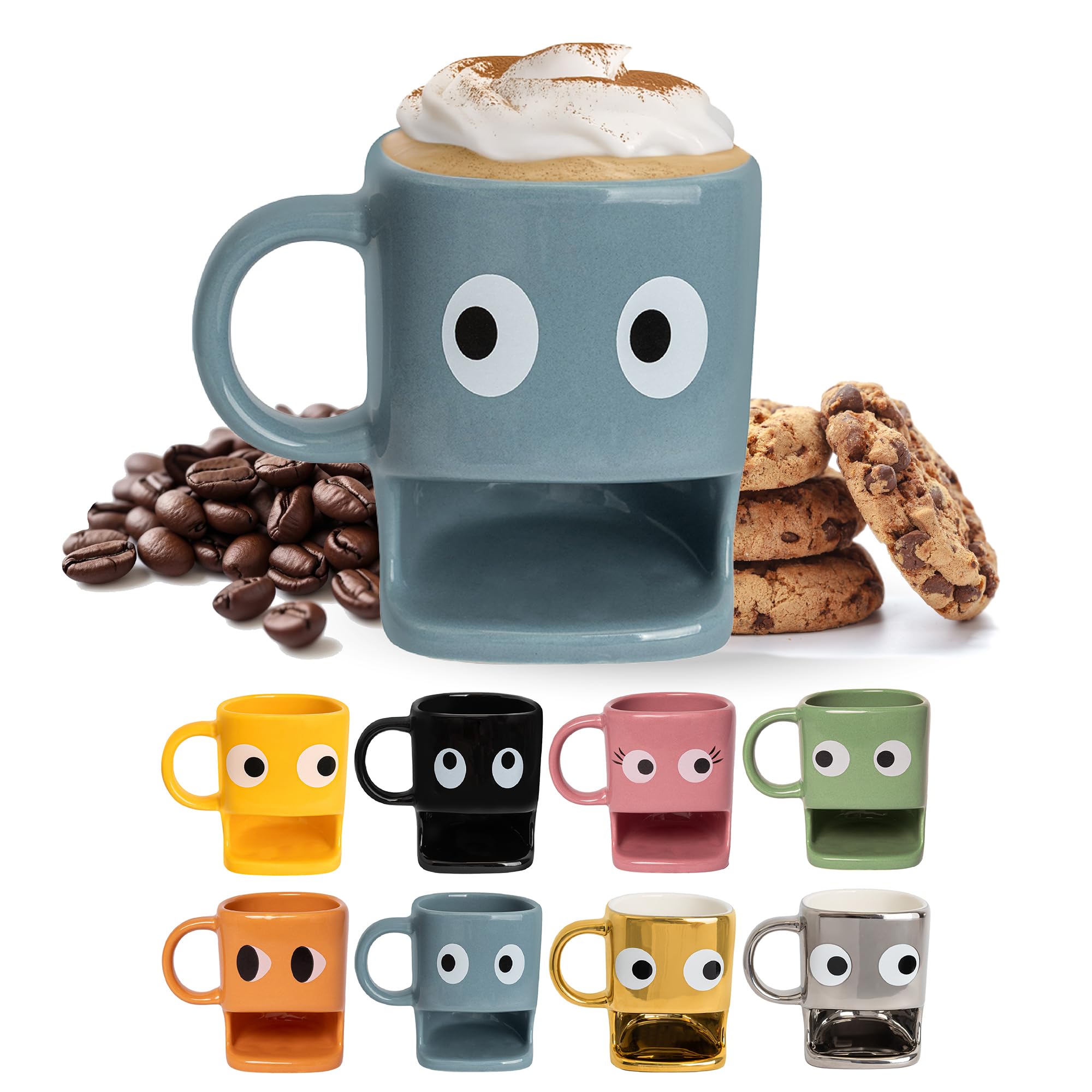 Fisura - Original Coffee Mugs with Biscuit Compartment, Blue Ceramic Tea Mug with Stylish Design, Cappuccino Coffee Caps, Latte, hot Chocolate caps, Capacity 240ml