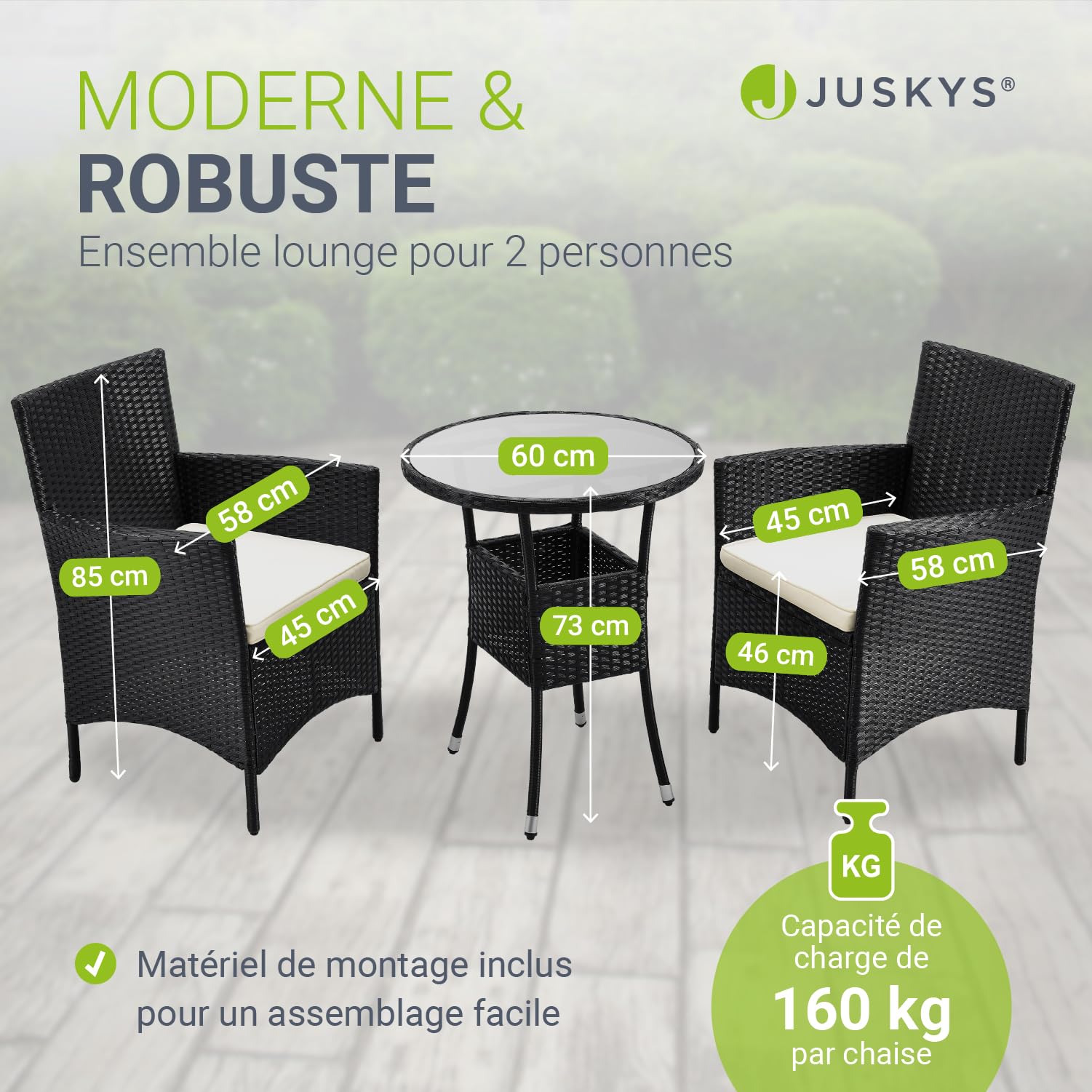Juskys Ensemble de Balcon en rotin synthétique Bayamo 3 pièces – Meubles de Balcon résistant aux intempéries avec Table, 2 chaises et Coussins – Meubles de Jardin pour 2 Personnes – Noir/crème