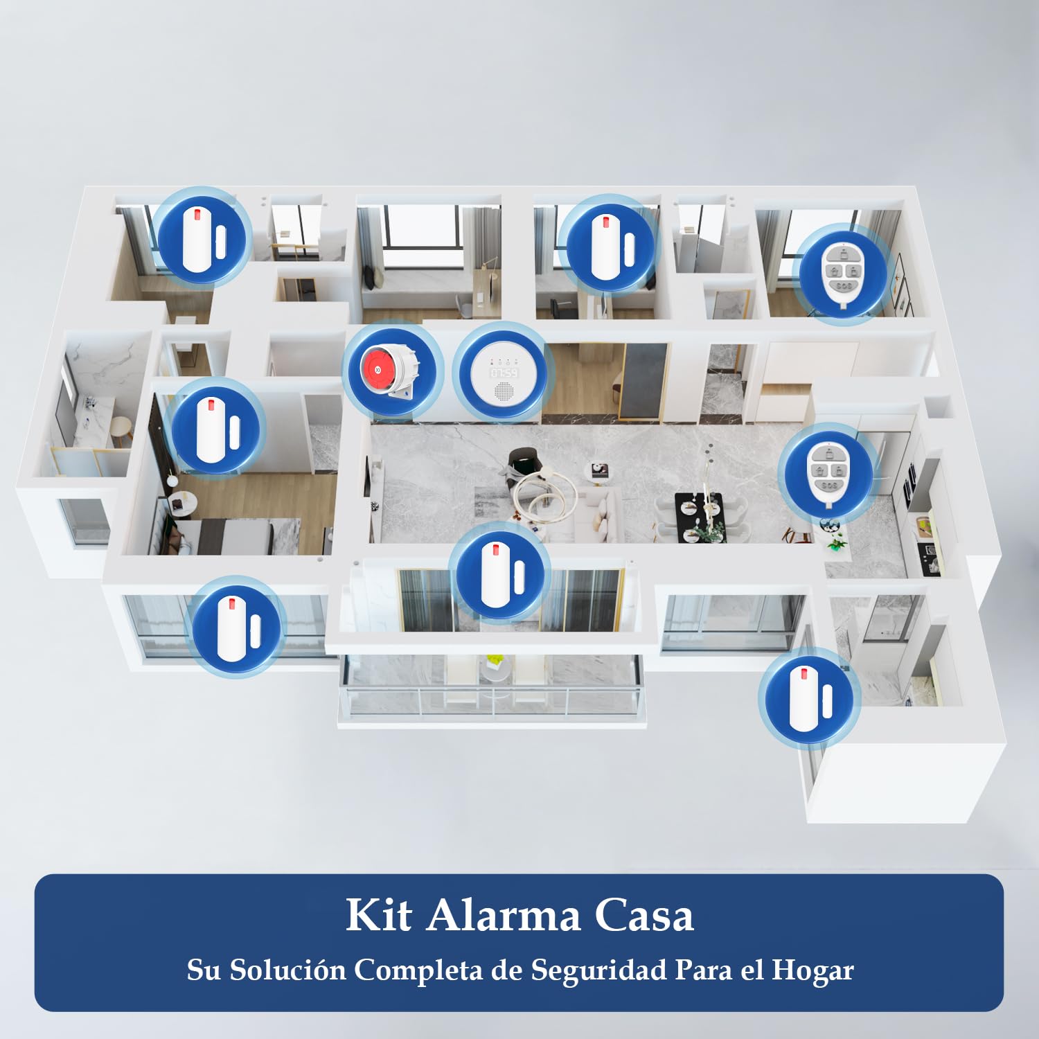 YISEELE Alarma para casa: Kit Alarma casa 5 GHz WiFi - con Reloj y App Gratis - Completo 1 Sirena 125dB - 6 Sensores Puerta/Ventana - 2 Mandos - 1 Central - Compatible con Alexa y Google Home