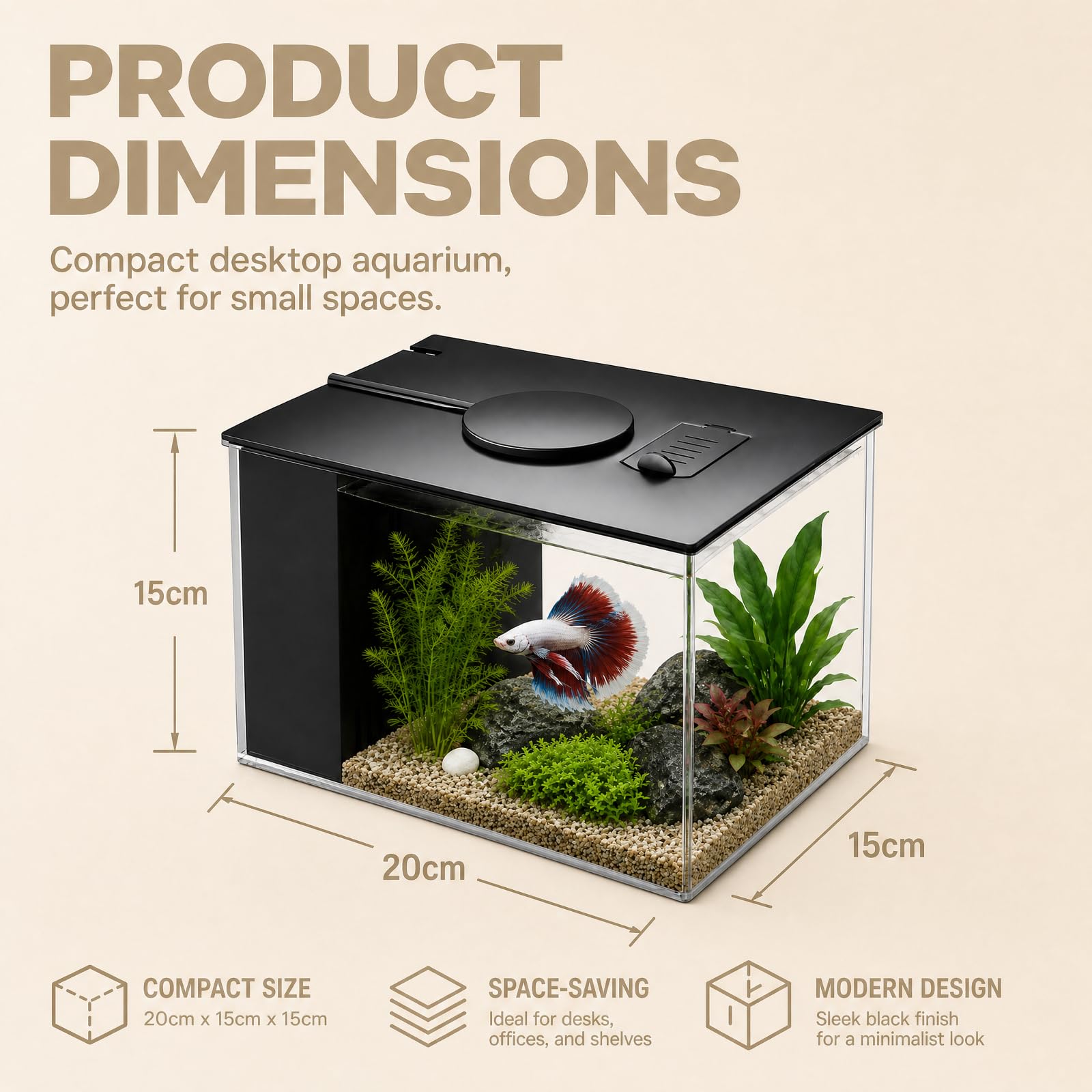 Petit Aquarium Complet, Mini Aquarium Plastique, avec Pompe de Filtration et Éclairage LED Réglable, Aquarium à Circulation Automatique, pour Petits Poissons, Crevettes et Plantes Aquatiques (Black)