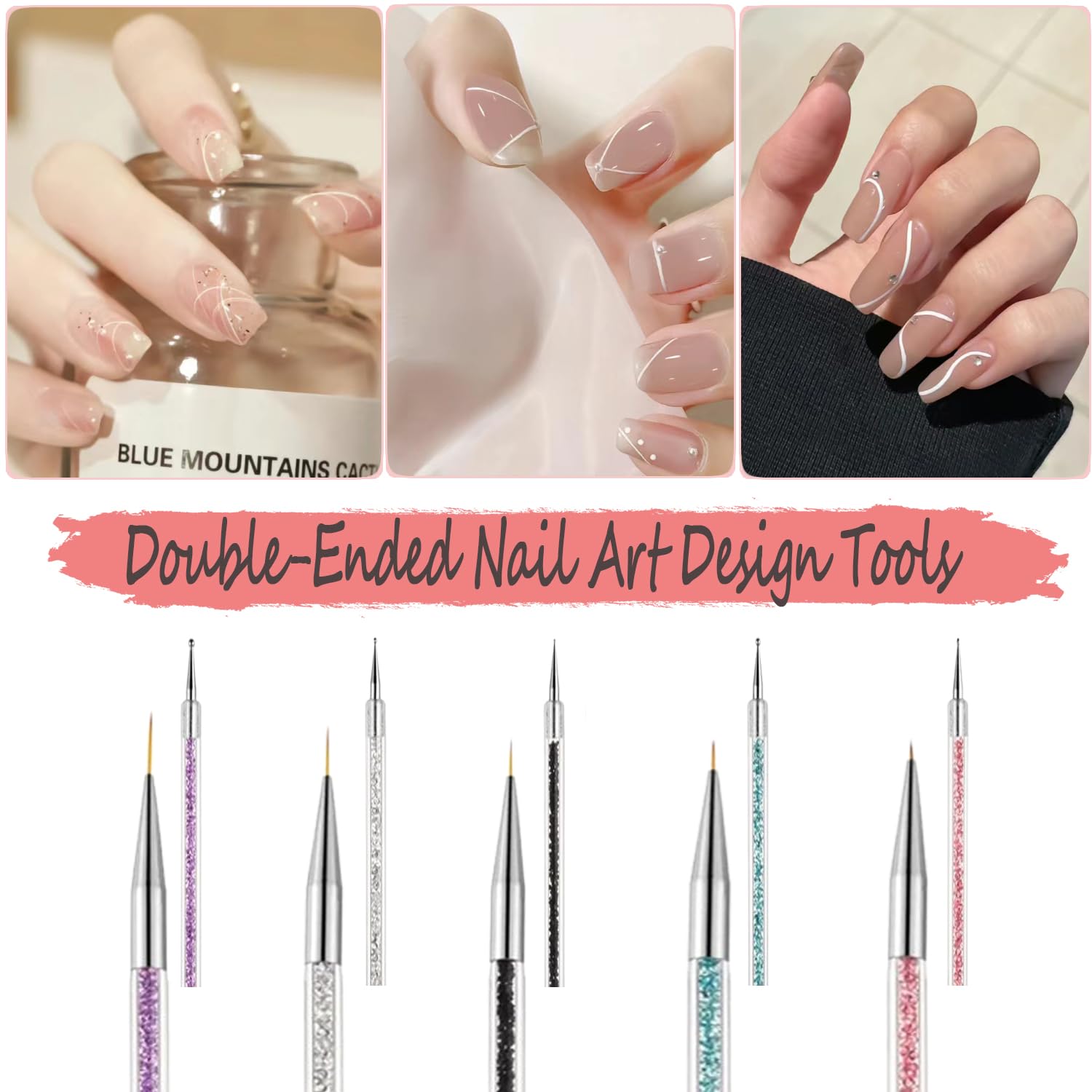 Juego de 5 pinceles de uñas acrílicas de doble punta con 5/7/10/12/0.591 in y bolígrafos punteadores para uñas francesas 6