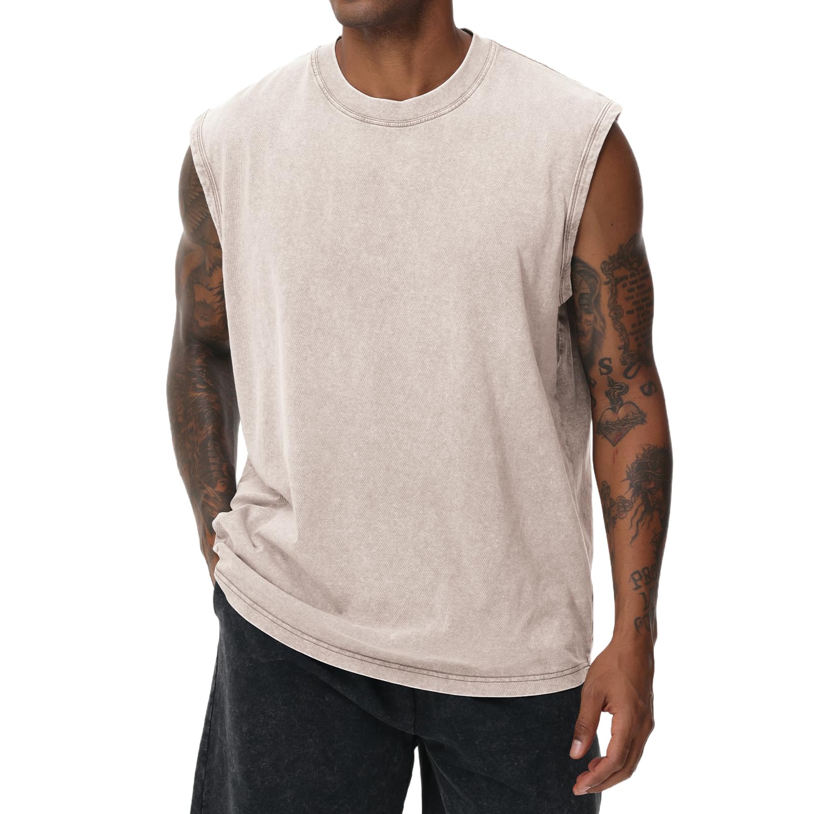 Herren Kurzarm Sommer Ärmelloses Shirt, Männer Fitness ärmellos Weste, Washed Sleeveless t-Shirt, Workout, Fitnessstudio, Baumwolle