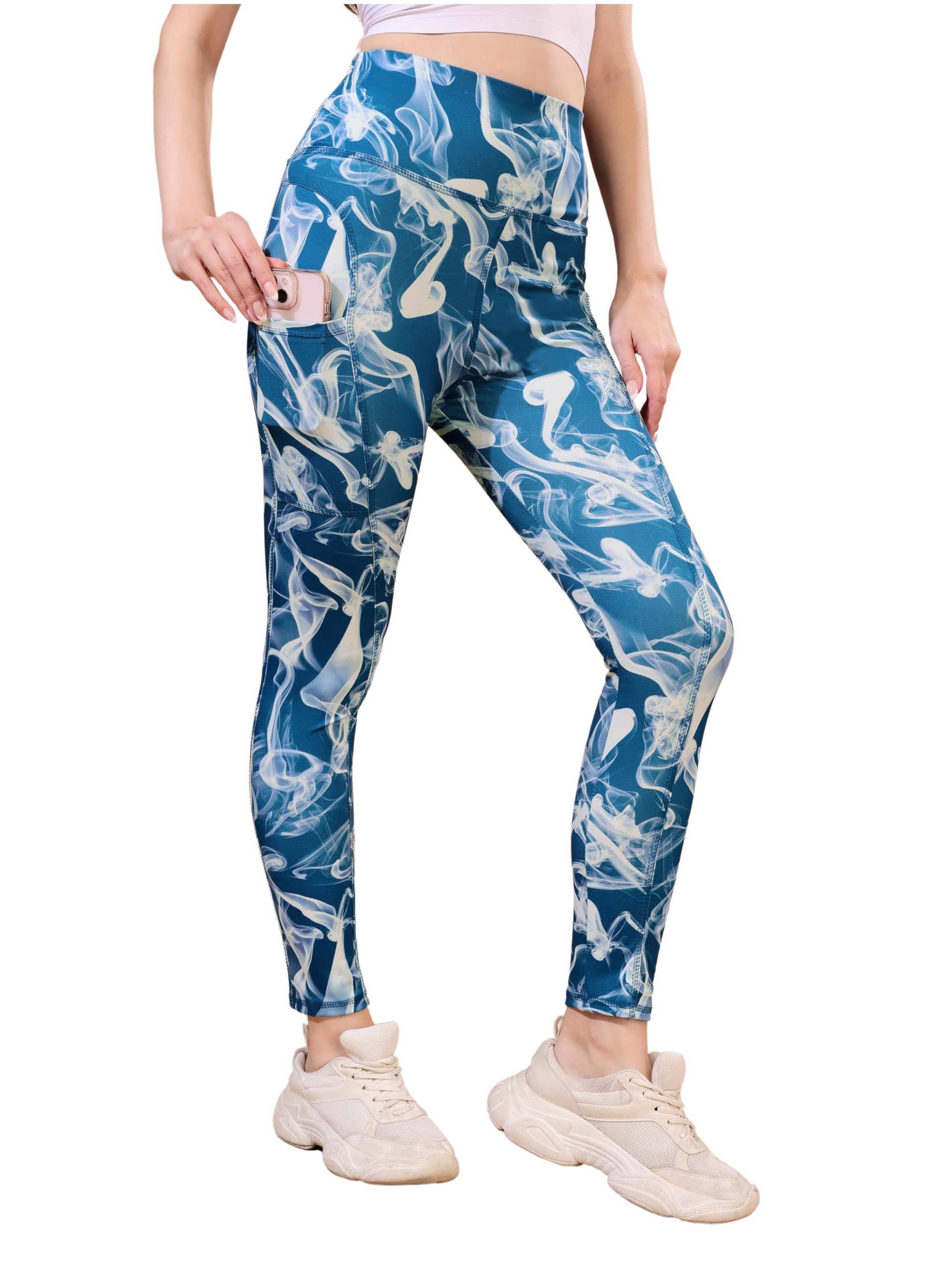 Bonkers Corner Women's High Rise Smoke Print Pant, Polyester Blend Slim Fit Gym wear Tights Leggings, Workout, Fitness, Yoga, Runnings, Casual, in neutral