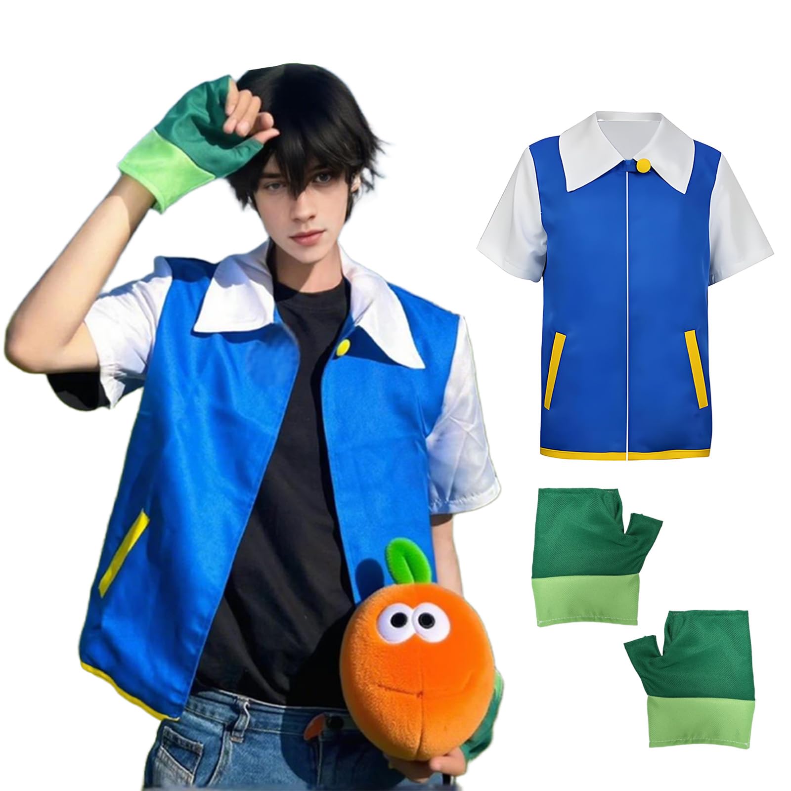 Disfraz de anime, disfraz clásico de anime, disfraz de Ash Ketchum, juego de guantes, cosplay, anime, adultos, unisex para carnaval, fiestas temáticas, actuaciones escénicas, ropa de uso