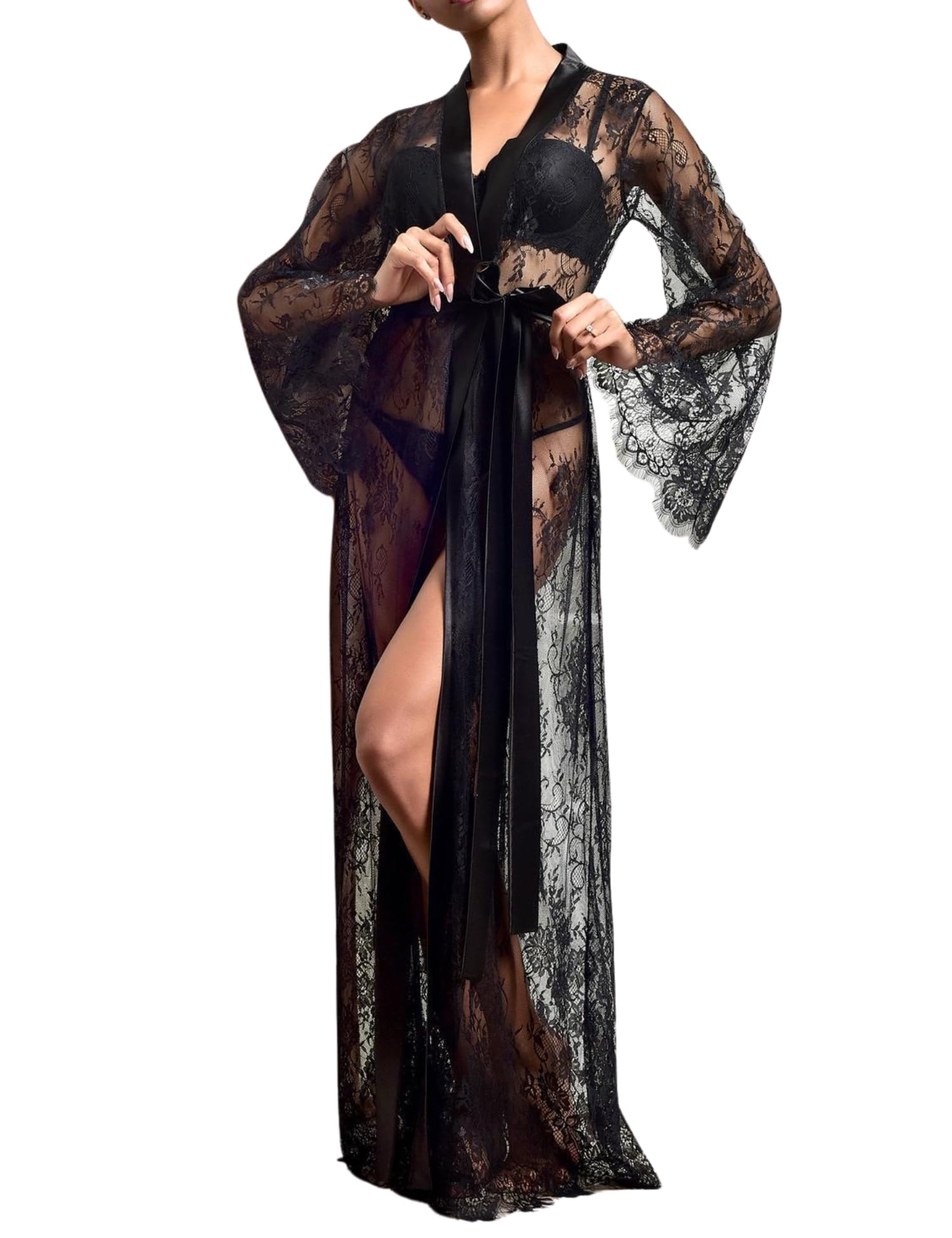 ROSVAJFY Bata sexy para mujer, bata larga de satén con encaje floral, kimono, bata de dormir para novia o dama de honor
