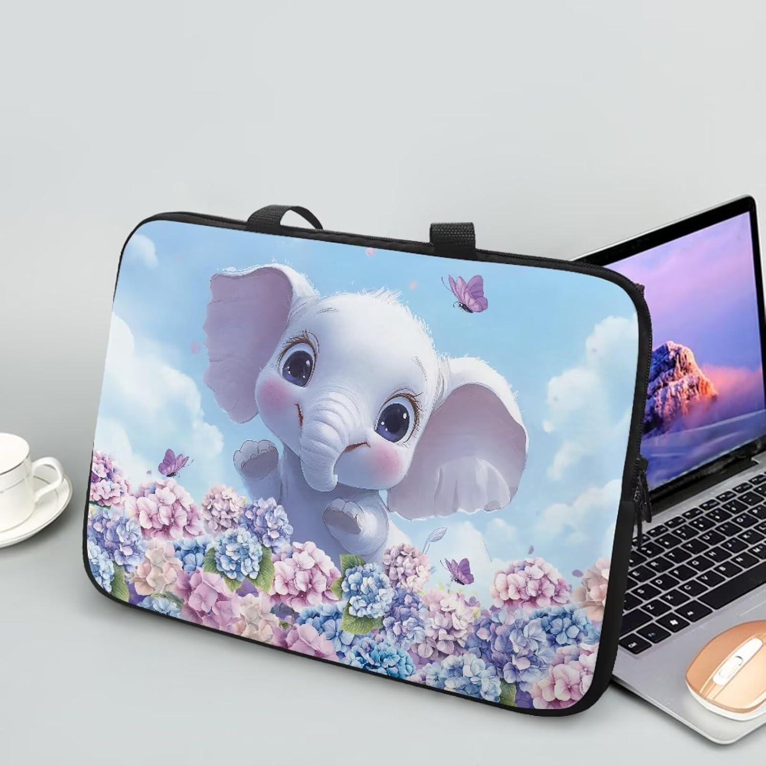 Hydrangea Floral Elephant Print Laptop Sleeve Case Lightweight Computer Cover Compatible with 10-17 Inch Tablet 360° Protective Carrying Bag Briefcase for Women Men, 17inch image 3