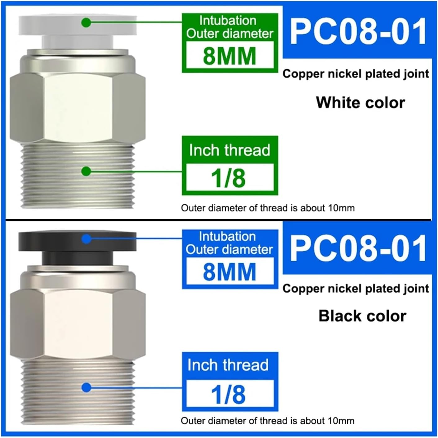 1pcs 4 6 8 10 12mm 1/8'' 1/4'' 3/8'' 1/2'' Straight Push in Fitting Pneumatic Push to Connect Air Adapter Plug Socket Connector(PC08-01,White Head)