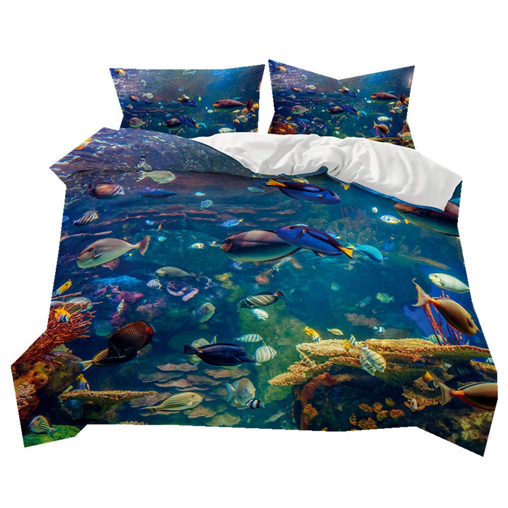 Stillshines zestaw pościeli podwójne łóżko dzieci chłopiec prezent kreskówka koncha konik morski meduza wielokolorowa ocean świat poszewka na kołdrę 200 x 200 cm z zamkiem błyskawicznym przeciw wilgoci, anty-roztoczom, gładka wygodna