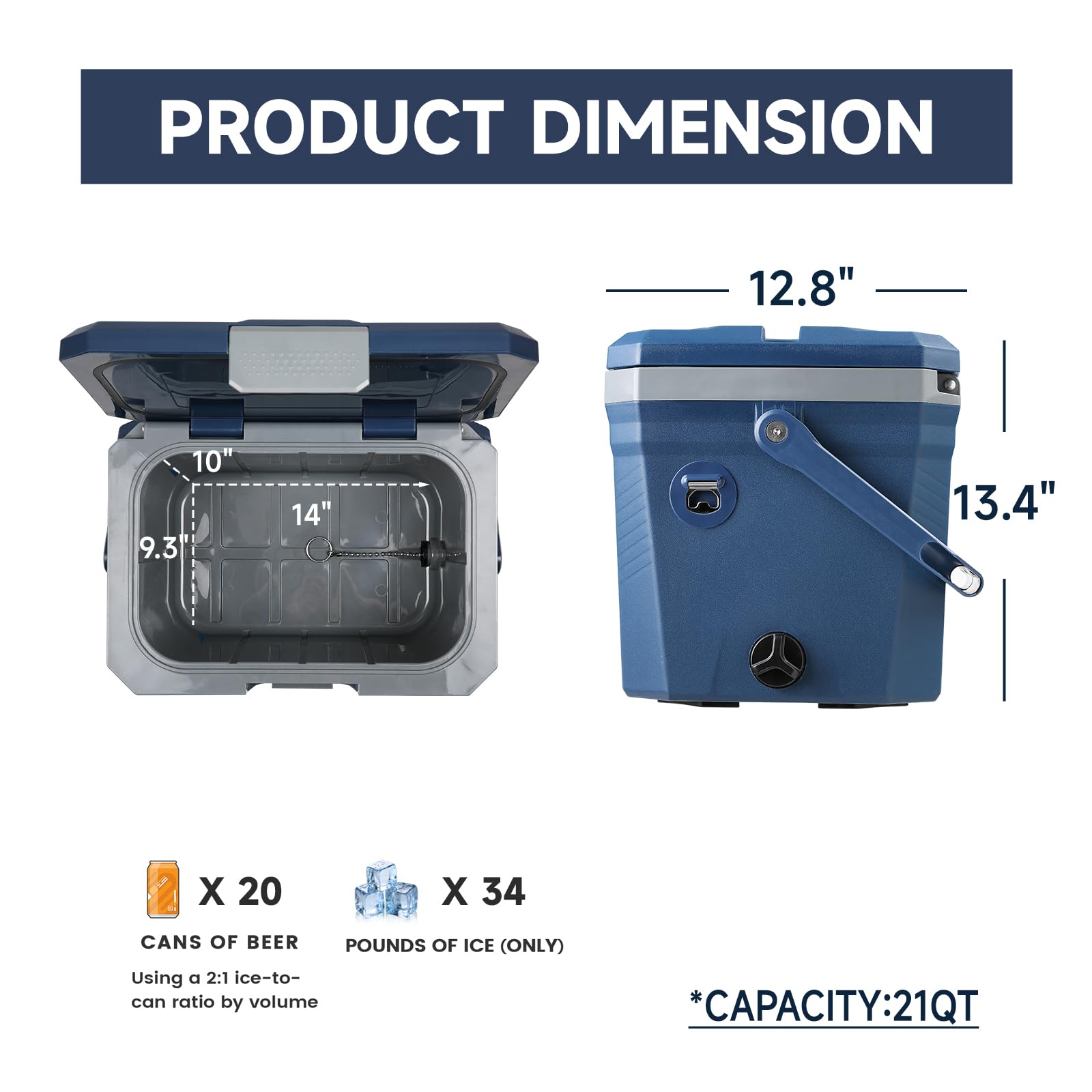 EchoSmile Insulated Portable Cooler 20/35 Quart, Outdoor Hard Cooler w/ 2 Cup Holders, Bottle Opener, Ruler, Drain Plug Ice Chest Box for Camping, Drink, Beach, Fishing and Boating - 5