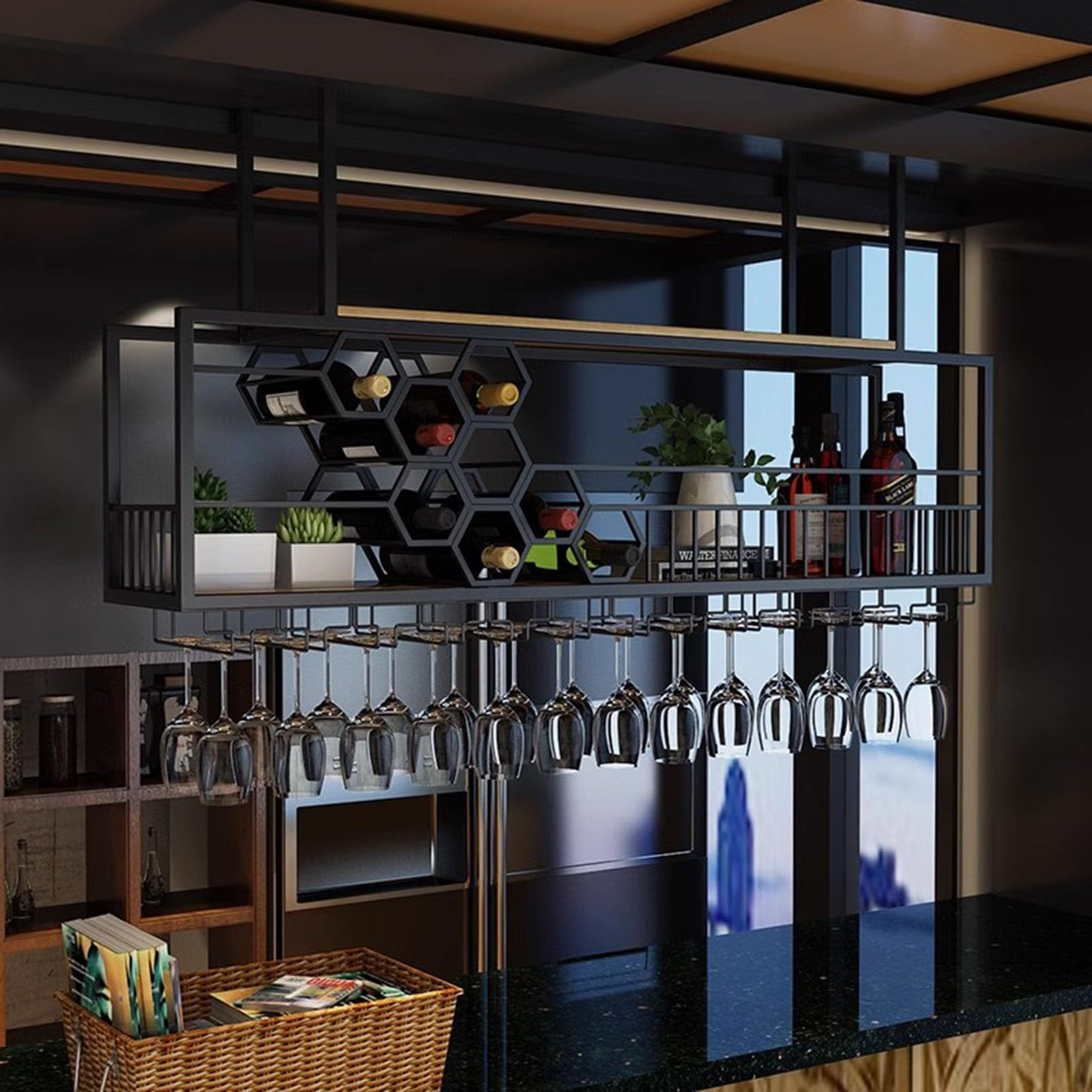 Porte-bouteilles de plafond, style industriel multifonction avec support en verre inversé pour restaurant, bar, café