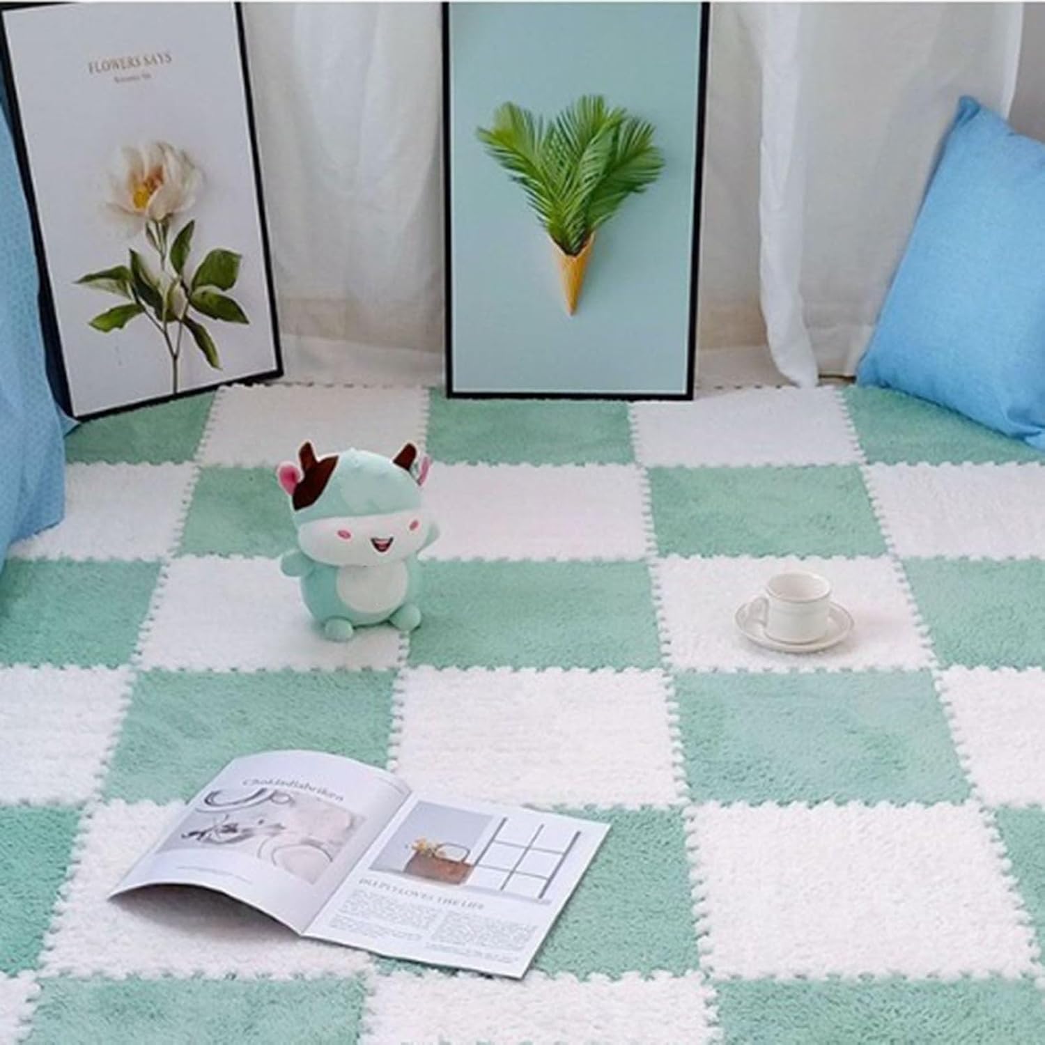 Plush Interlocking Carpet Tiles 10 Plush Foam Floor Mats, Interlocking Square Puzzle Mats, Non-Slip Carpet, Easy to Clean, Cuttable(Mint Green+White)