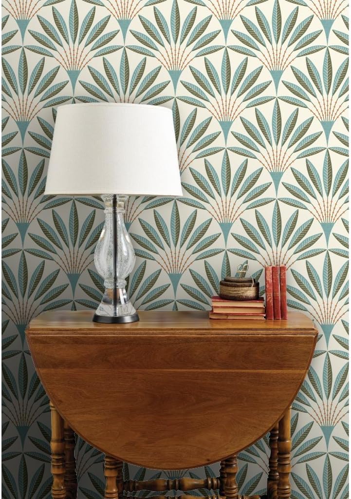 Spoonflower Commercial Grade Wallpaper 27ft x 2ft - Modern Geometric Teal Green Orange Bold Linen Texture Retro Scallop Fans Traditional Wallpaper
