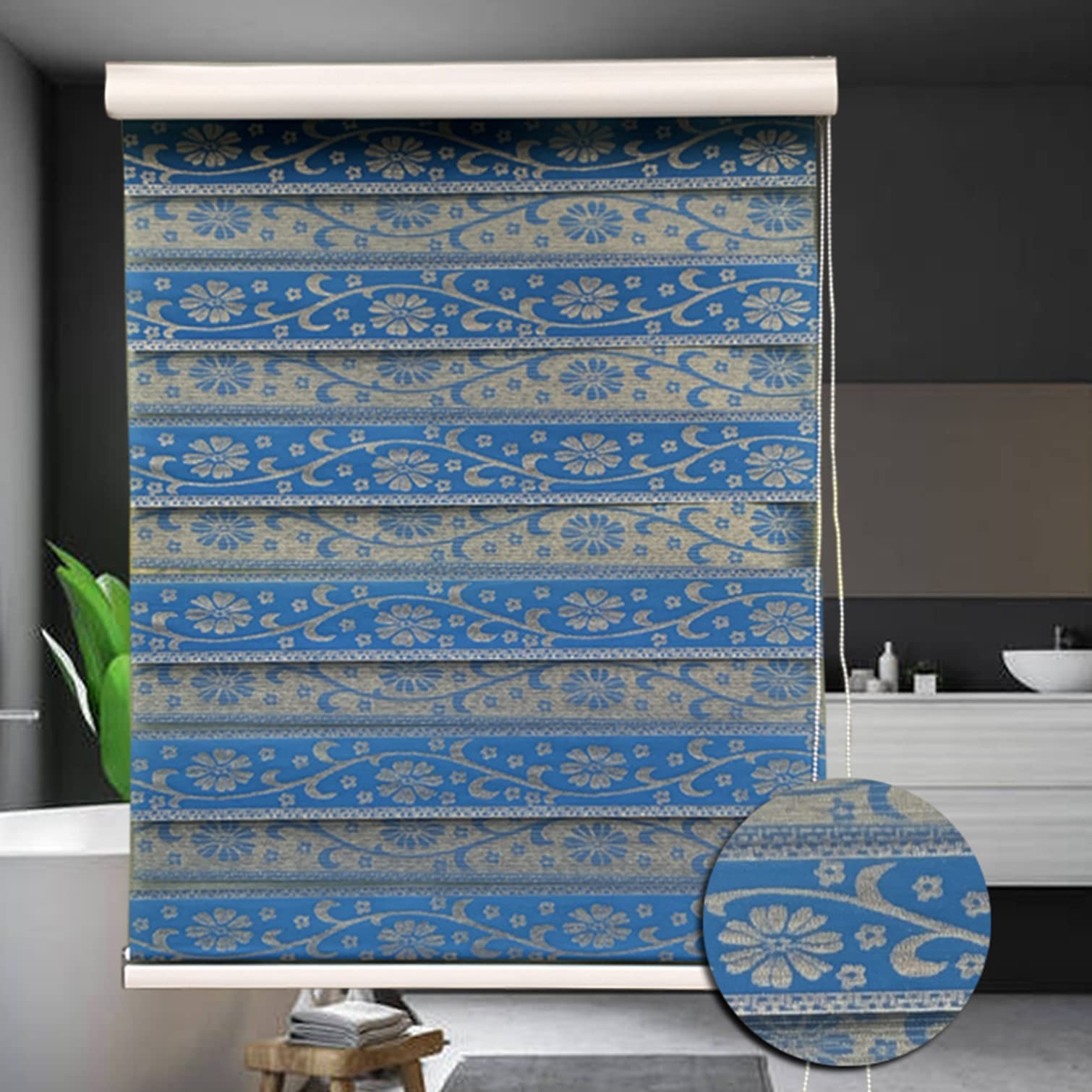 Zebra Roller Blinds Dual Layer Roller Shades,Day and Night Blinds Curtains with Install Accessories,Custom Blackout Roller Blinds for Windows,Sheer and Privacy,No Drilling,Blue (60x120cm/24x47in)