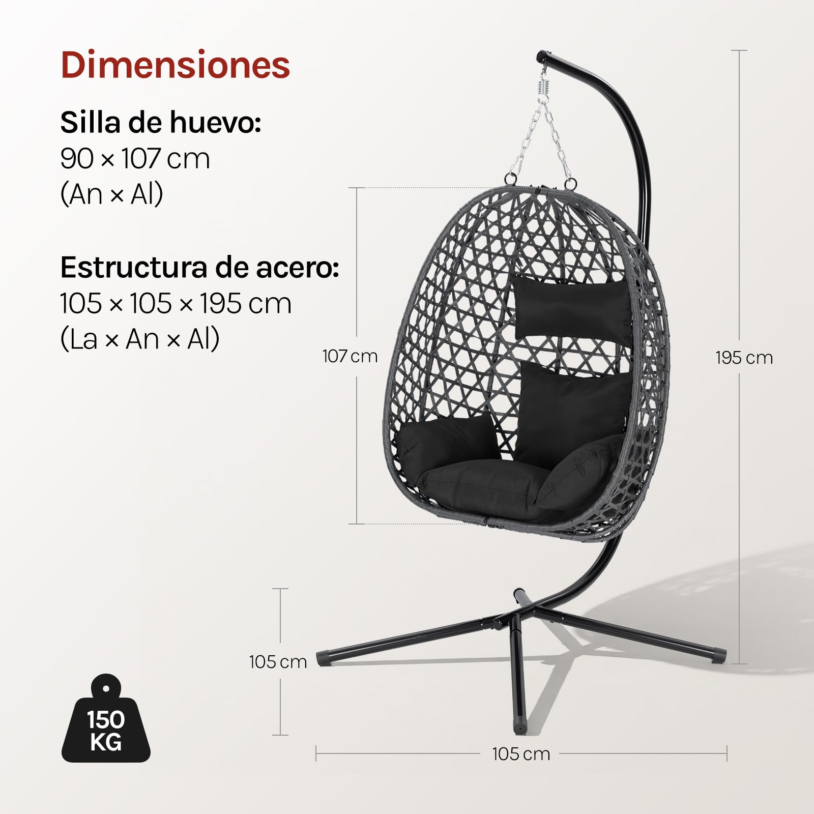 WOLTU Silla Colgante, Hamaca Columpio con Cojín y Reposacabezas, Aspecto Ratán PE y Estructura de Metal, Carga 150 kg, para Jardín, Patio y Terraza, 102x100x196 cm, Negro