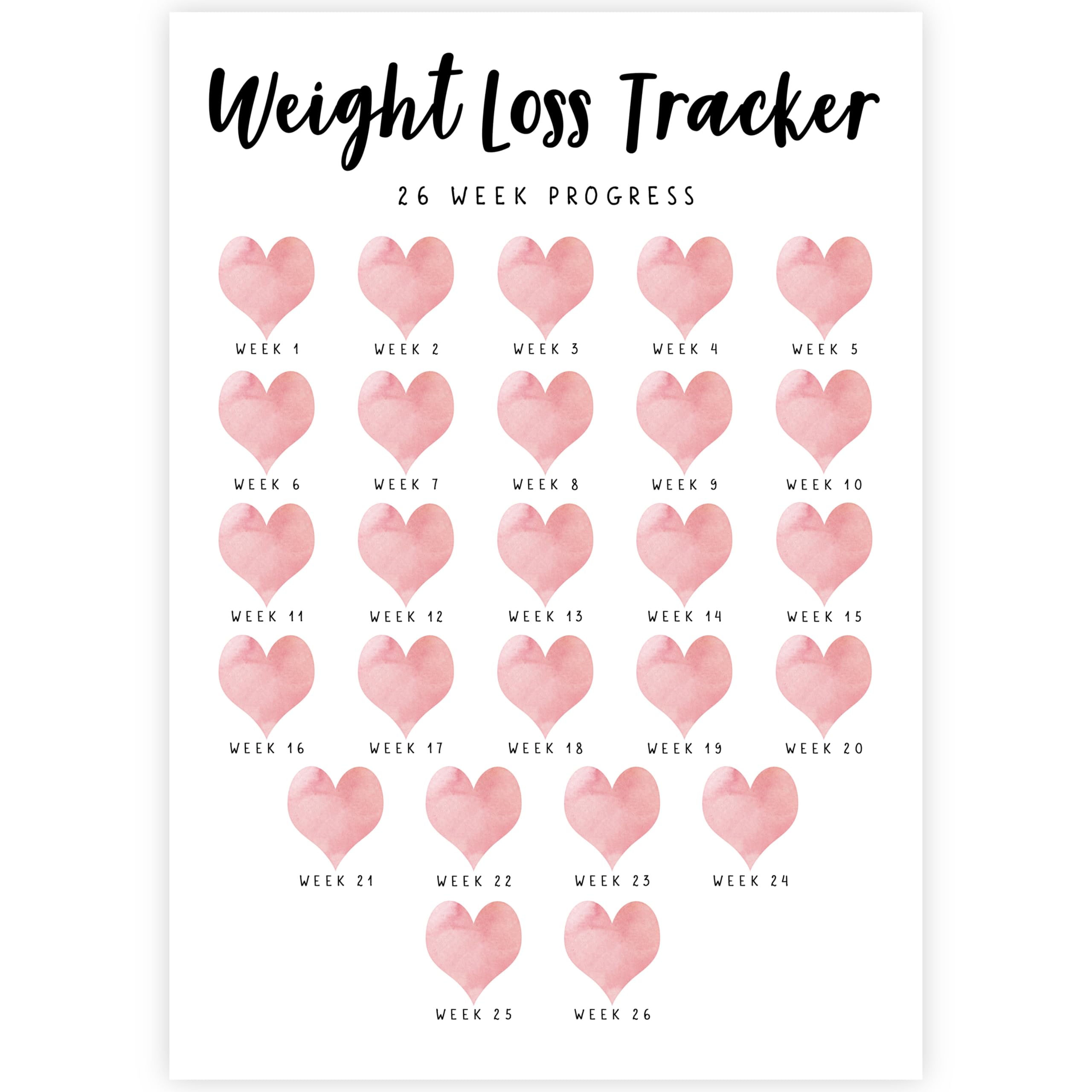 26 Week Weight Loss Tracker. Heart Weekly Weight Loss Tracker, Weight Tracker, 5 Month Weight Loss Chart. 15 Gorgeous Colours To Choose From, A4 or A5, Lamination Option