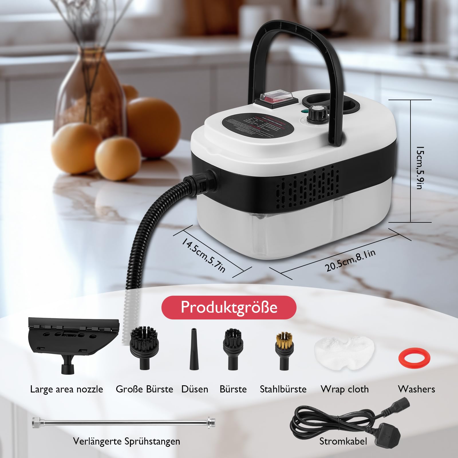 Dampfreiniger Handgerät,Steam Cleaner mit 1500ML Tank,Tragbarer Hochdruck Dampfreiniger mit 3 Arten von Düsen,6 Einstellbare Geschwindigkeiten von Polstermöbel, Küche, Badezimmer, Auto