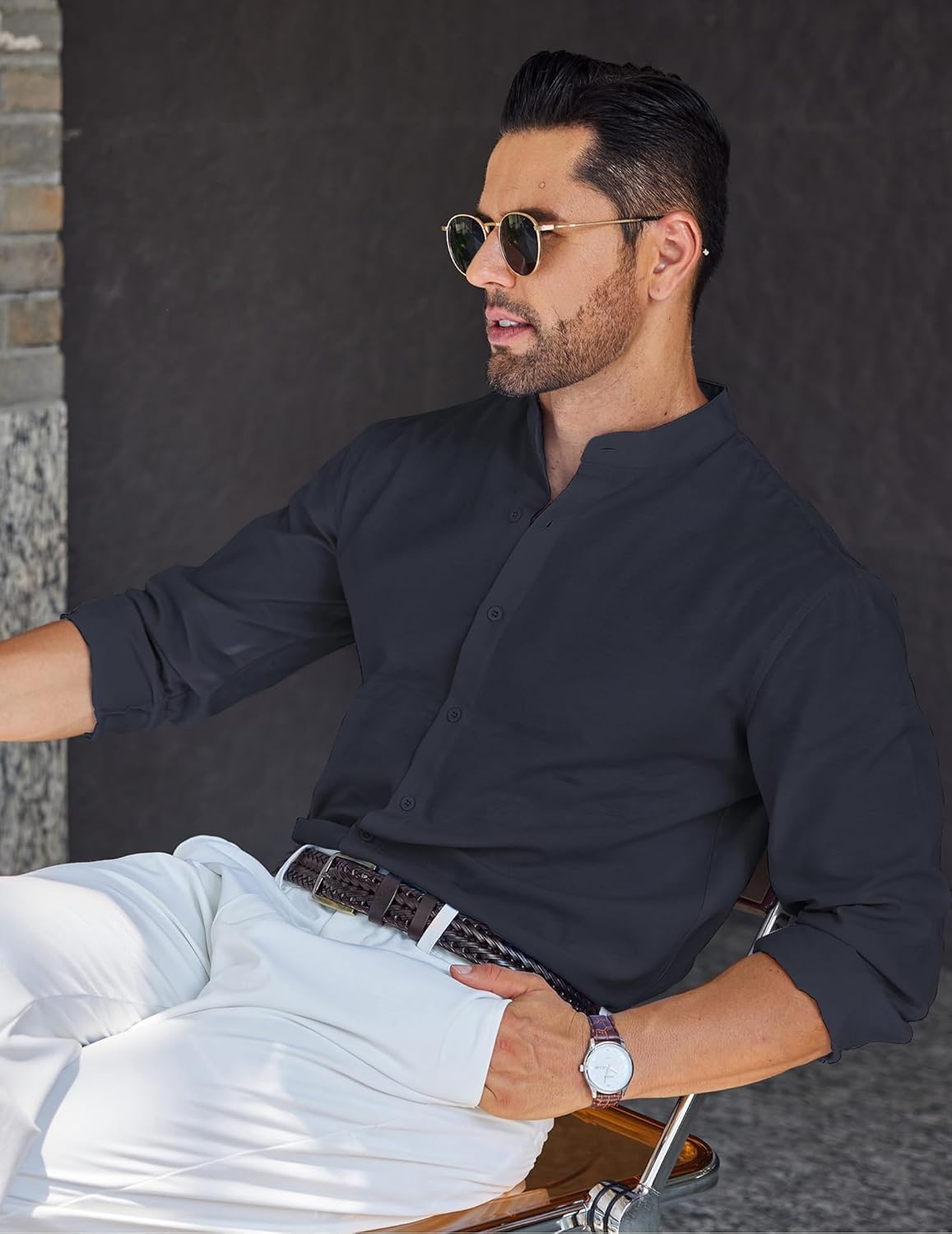 COOFANDY Men's Long Sleeve Oxford Dress Shirts Chambray Button Down Shirt Casual Band Collar Shirts - Image 5