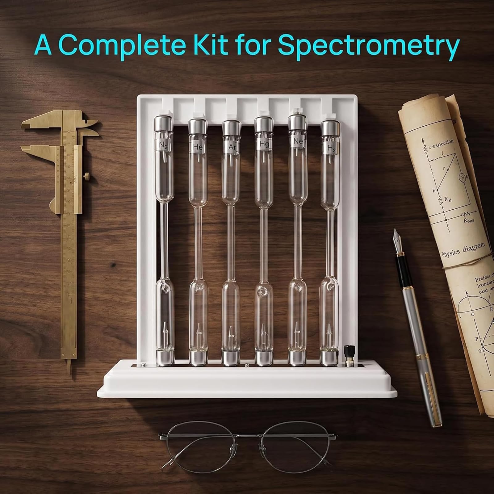 Tubo scientifico a scarica di Gas con Supporto sperimentale | Set di Tubi Luminosi A Gas Nobile, include He, Ne, Ar, H2, N2, Hg, per l'educazione alla fisica e alla chimica