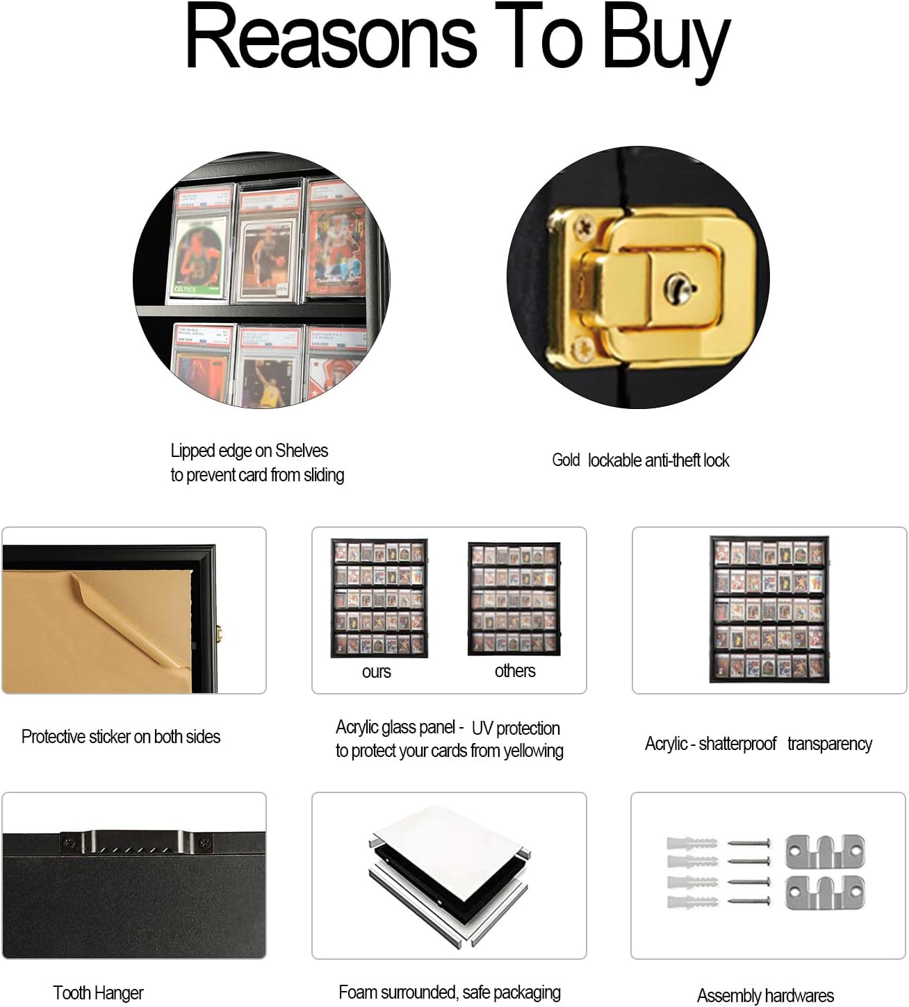 Graded Sports Card Display Case - 35 Baseball Card Display Case - Lockable Sports Card Frame Wall Display with UV Protection for Hockey Football Basketball Cards,Black