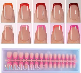 Misssix XBASICTIPS French Tip Press On Nails, 300Pcs Red French Gel Nail Tips Short Square, Soft Gel Pre-shaped No Need to File 3 in 1 Tips, Fake Nails for Nail Art DIY Extension Designs 15 Sizes